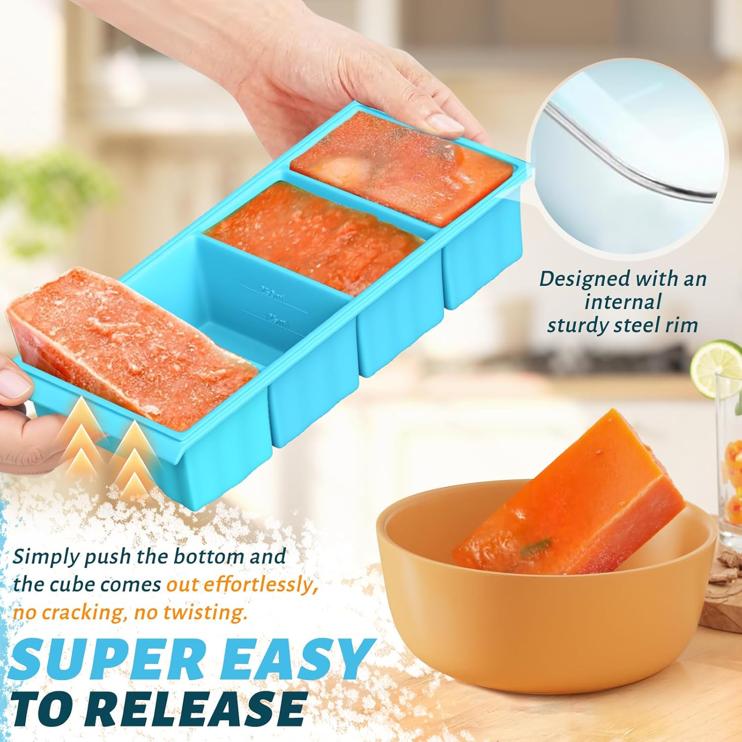 Dawntress Silicone Freezer Tray with Lid - 2Pack Soup Freezer Containers Moulds, Kitchen Portion Food Storage for Freezing Broth, Rice, Sauce, Leftovers, Gift Set BPA Free - 1 and 2 Cup image number 5