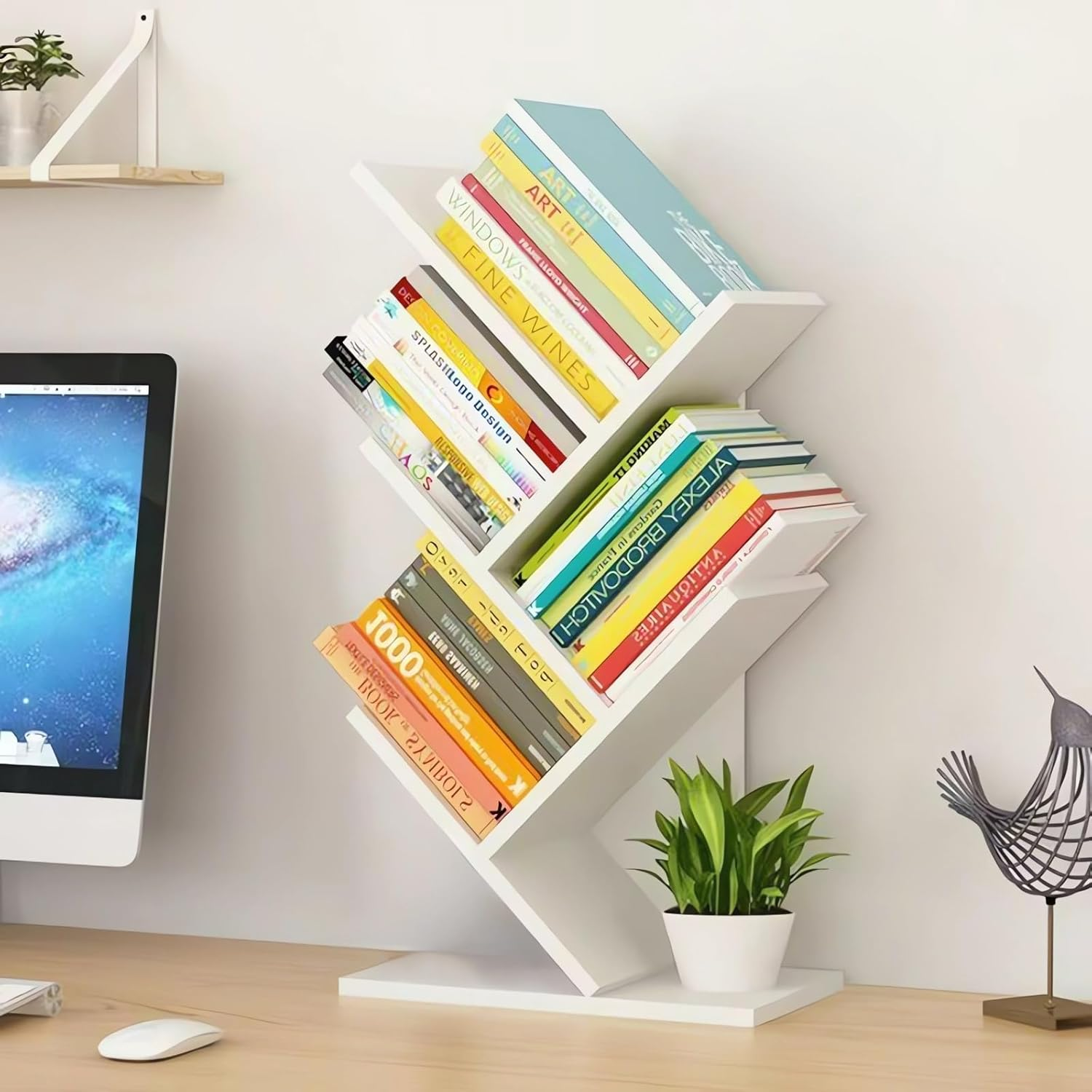 Desktop Organizer Rack, Office Desk Storage Shelf, Desktop Bookcase Wood Bookshelf, Wooden Bookshelve A70 (T White) image number 1