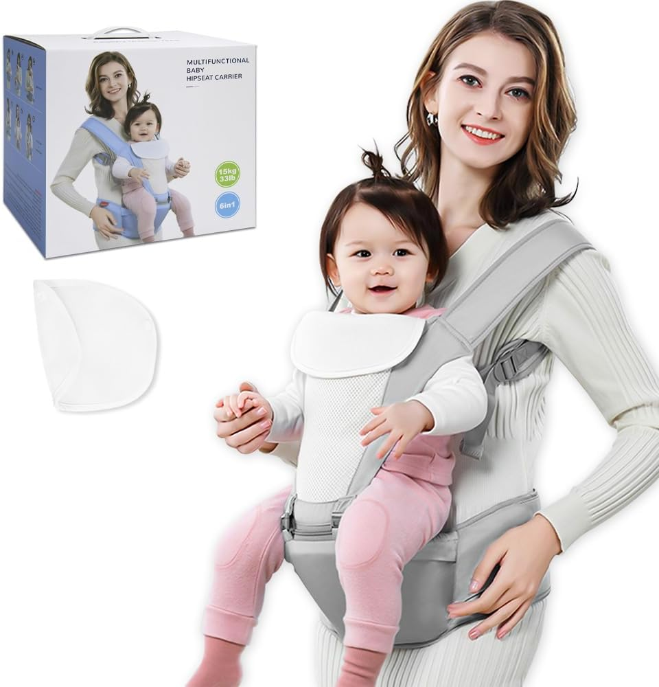 Beideli Baby Carrier with 2 Bibs, 6 in 1 Baby Hip Carrier, Multi-Functional Baby Wrap Carrier for Newborns & Toddlers,Ergonomic Waist Stool, for 0-36 Months Baby(Grey)