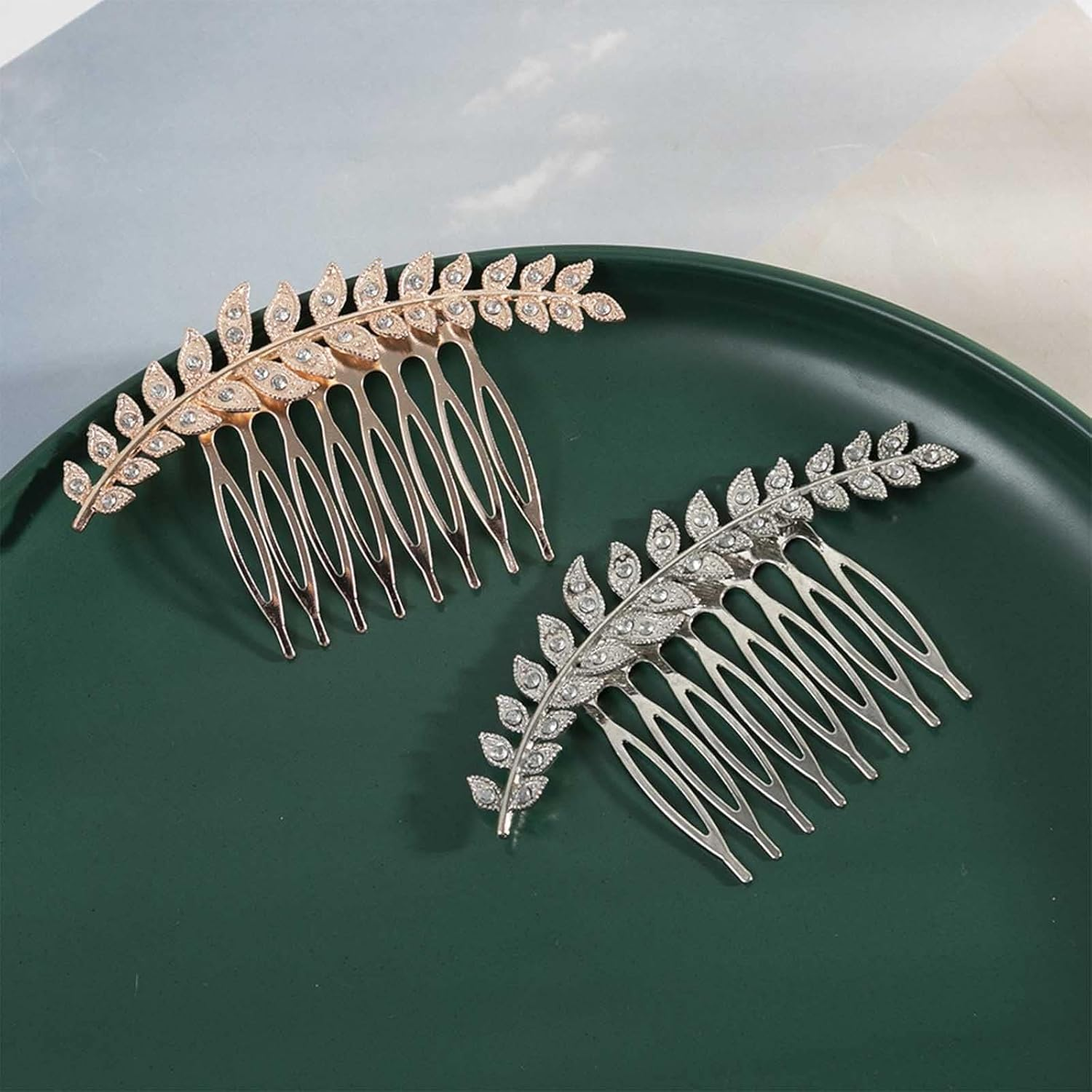 Enautoabs Vintage Silver Leaf Wedding Hair Comb Crystal Leaf Side Comb Large Metal Leaves Hairpiece Bridal Headwear Decorative Accessories for Women Headpiece image number 2