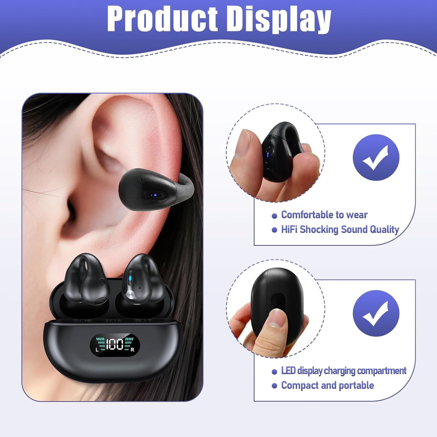 Open Ear Headphones, Bluetooth 5.3 Clip-On Open-Ear Earbuds with LED Display, 36-Hour Battery, Hi-Fi Stereo Sound, IPX4 Waterproof, Lightweight for Running, Workout, Dual Connection, No Sound Leakage image number 4
