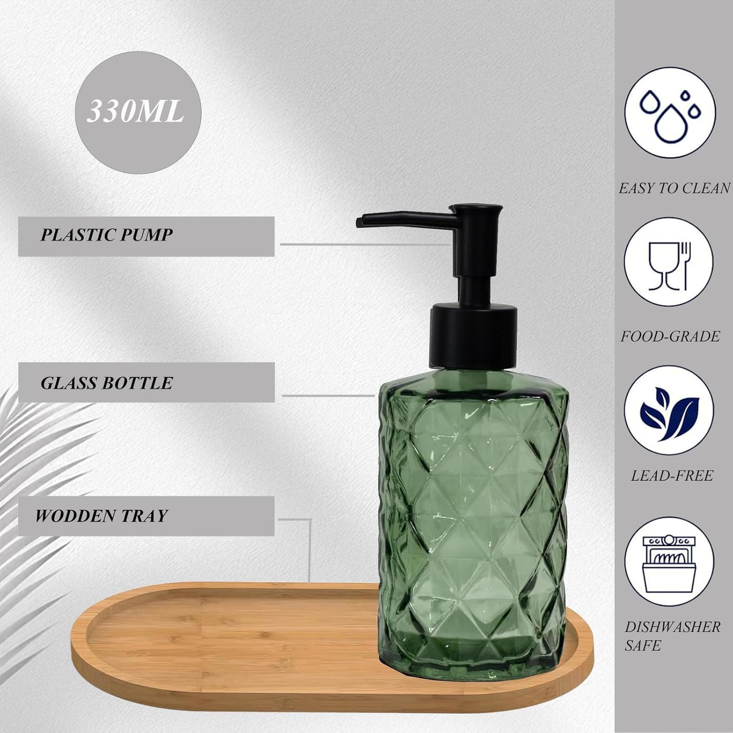 Glass Hand and Dish Soap Dispenser Set of 2 with Plastic Pumps, Bamboo Tray, 12Oz Green Bathroom Soap Dispenser with Diamond for Hand Wash & Dish Wash, Ideal for Bathroom Kitchen Countertop - Green Diamond image number 5