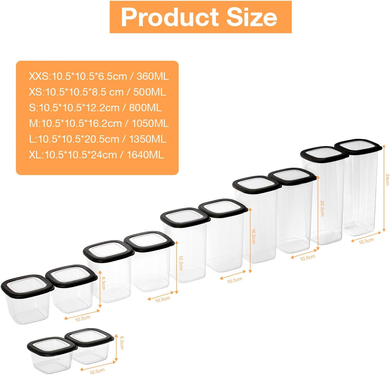 Romon Storage Jars Set of 12 Food-Grade PP Material Bpa-Free Transparent Stackable with Sealing Silicone Lid for Flour Cereal Rice 360 Ml - 1640 Ml image number 3