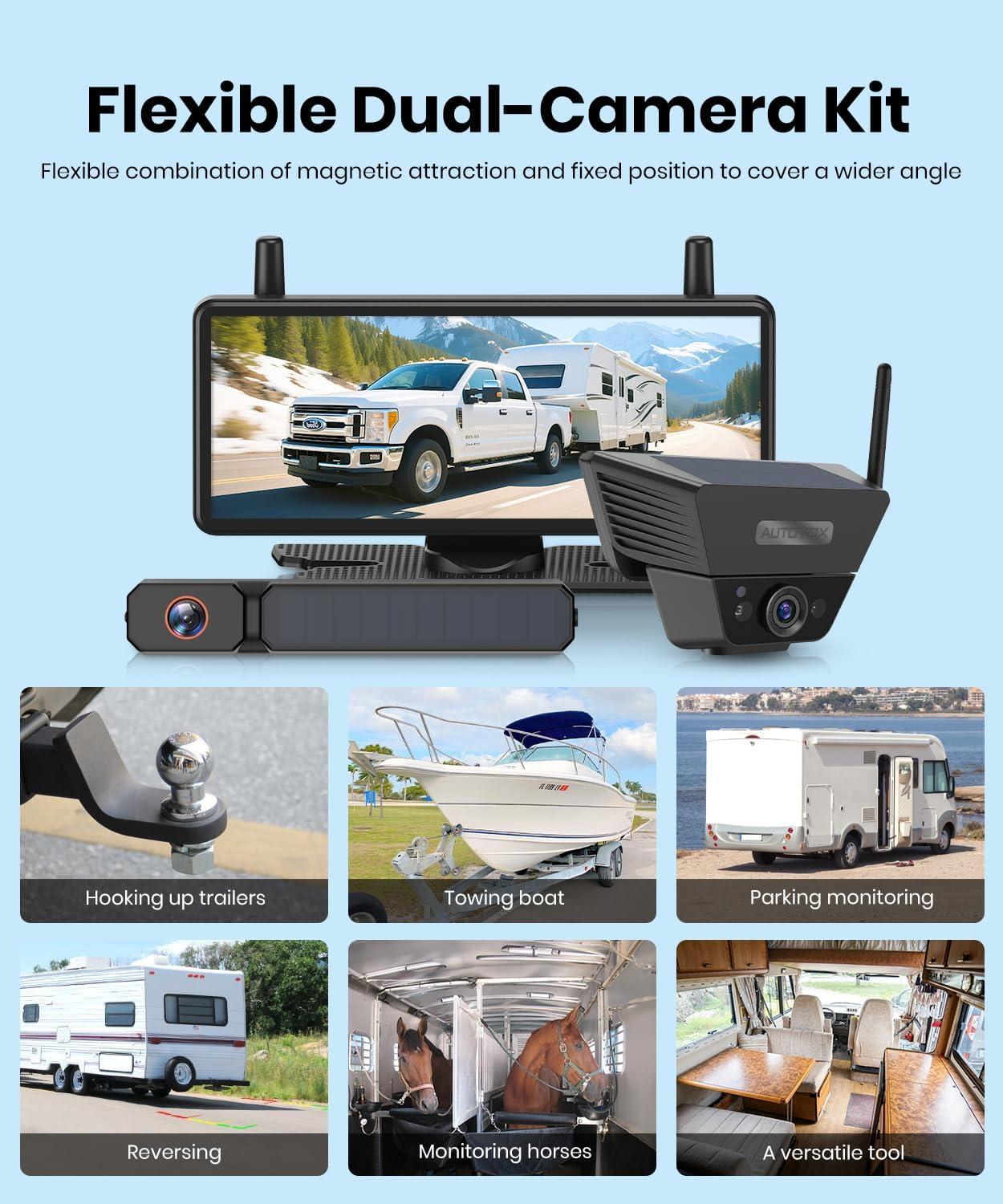 AUTO-VOX 2 Solar Wireless Backup Camera System: 7.2&rdquo; 1080P HD Monitor, 3-Min Quick Installation for Wider Rear & Trailer View, IP69K Waterproof Back up Camera for Truck, RV, Camper, Horse/Boat Trailer image number 4