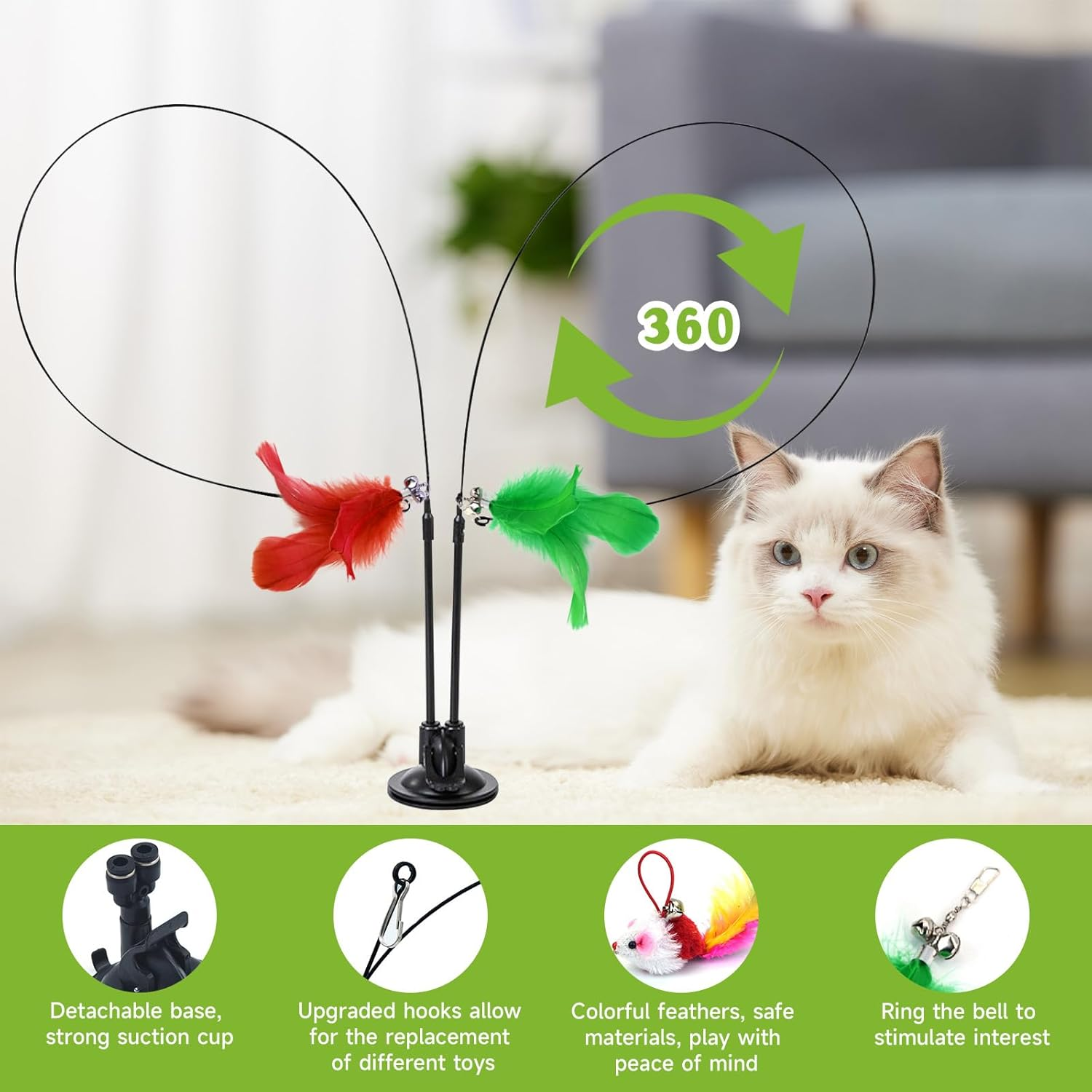 Pearyaest 20 Pack Cat Toys for Indoor Cats,4-In-1 Interactive Feather Teaser Cat Toy Set,Interactive Cat Toy with Rotatable Suction Cup,Replacement Hooks,Caterpillar,Butterfly,Rainbow Ball image number 4