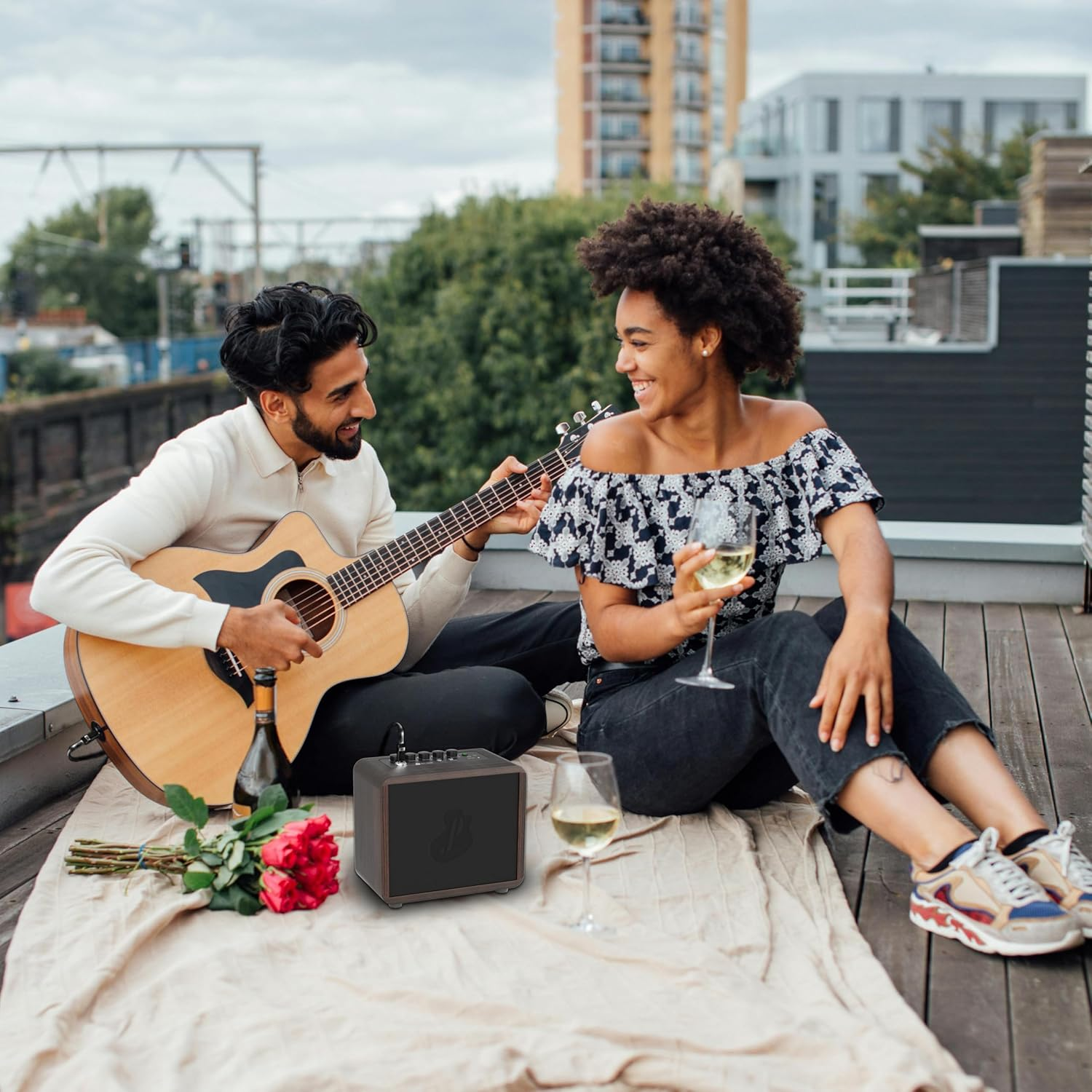 JUSTPRO 15W Mini Guitar Amp, Portable Acoustic/Electric Guitar Amplifier Rechargeable, Wireless Guitar Practice Amp with Reverb, Chorus & Delay, Supports OTG, AUX, REC, Bass and Treble Control