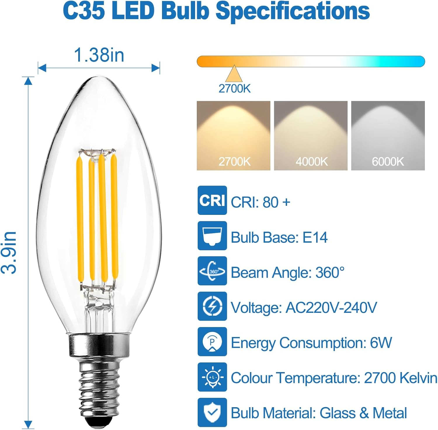Langplus+ E14 LED Light Bulb, Dimmable Candle Bulbs, 6W, 60W Equivalent Small Edison Screw SES E14 Bulb, Warm White 2700K, C35 LED Filament Bulb for Chandeliers, Ceiling Fan, 10 Pack image number 3