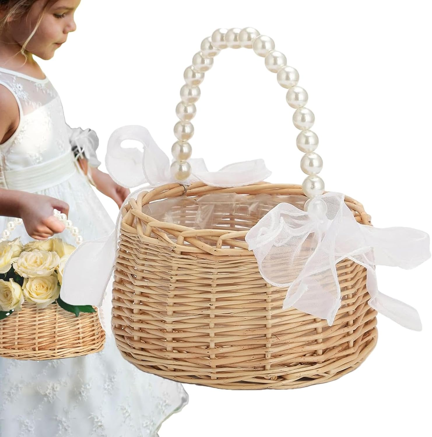 Wicker Basket for Flower Girls, Braided Flower Basket, Flower Basket with Bow and Pearl Handle, Picnic Basket, Wicker Basket, Woven Basket for Wedding, Table Decoration