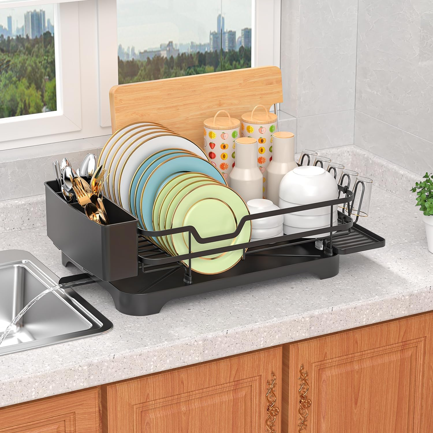 Dish Drying Rack, Extendable Carbon Steel Drying Rack with Cutlery Holder for Kitchen Sink Counter Storage, 49 X 54 X 12.5Cm image number 4