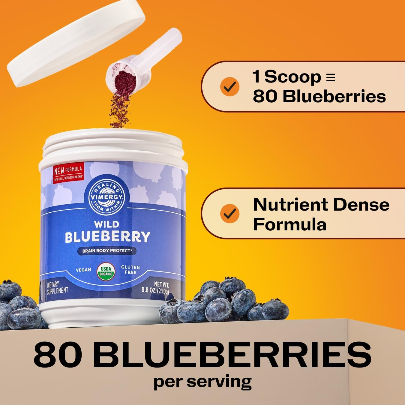 Vimergy USDA Organic Wild Blueberry Supplement Powder, 62 Servings &ndash; Natural Wild Blueberries - Fruit Powder for Smoothies, Juices, Fruit Bowls &ndash; Low-Bush, Non-Gmo, Gluten-Free, Vegan, Paleo (250G) image number 4