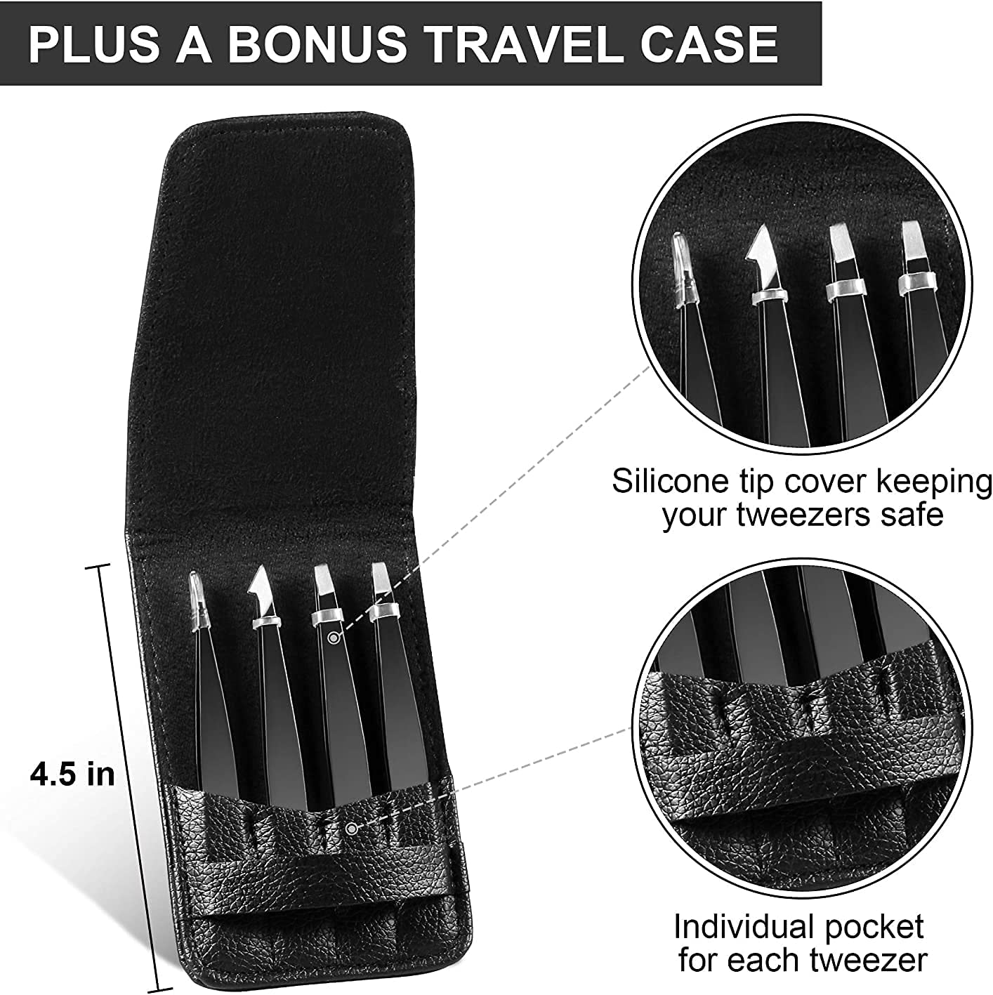 Eyebrow Tweezers Set - 4 Piece Stainless Steel Professional Tweezers for Eyebrows Facial Hair & Ingrown Hair Removal Splinter & Tick Remover False Eyelashes Tools for Men and Women (Black) - Black image number 3