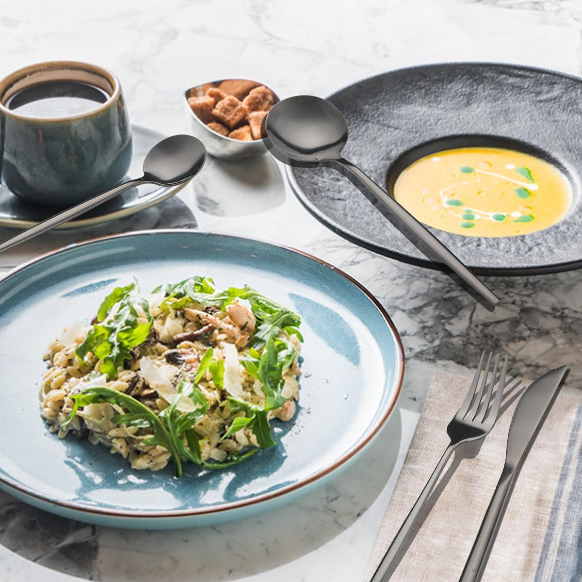 Black Cutlery Set 48 Pieces Service for 12, Berglander Titanium Black Plated Stainless Steel Flatware Set, Modern Design Knives Forks Spoons Silverware Set image number 3