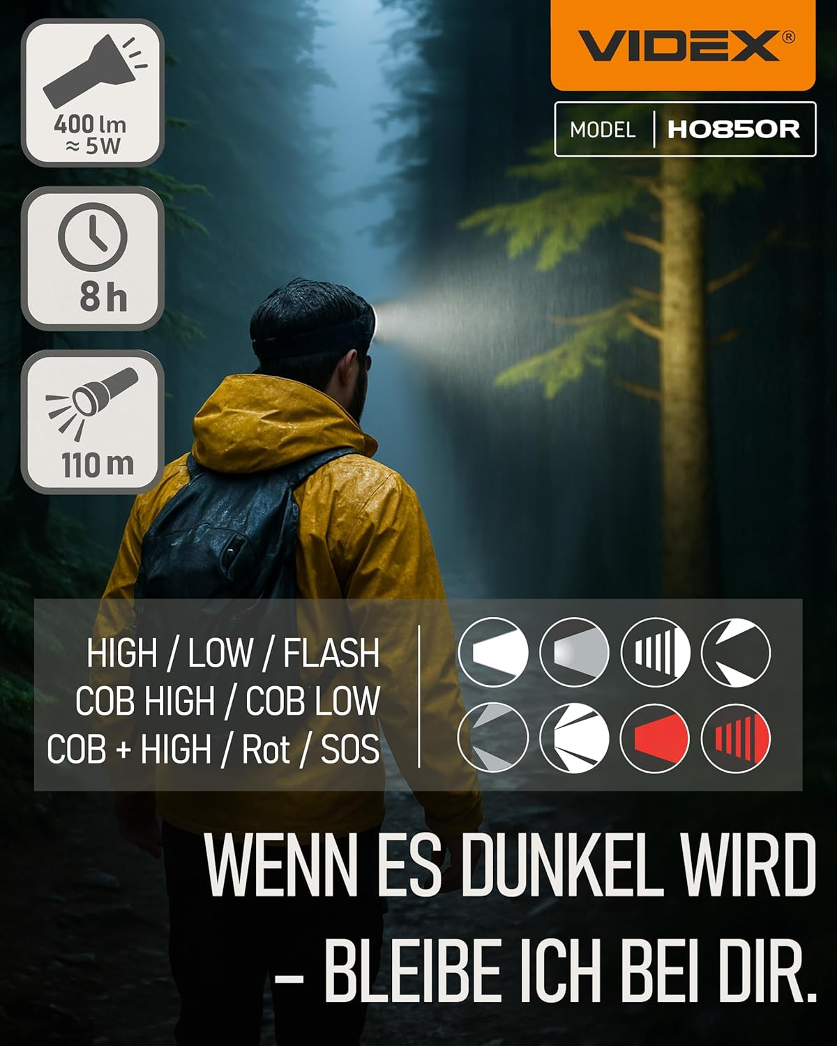 Videx High Quality Head Torch LED Rechargeable I Camping & Hiking Accessories I Running Light with USB C Rechargeable I Running Lamp with Battery and Red Light for Jogging I H085 400 Lm 5000 K image number 6