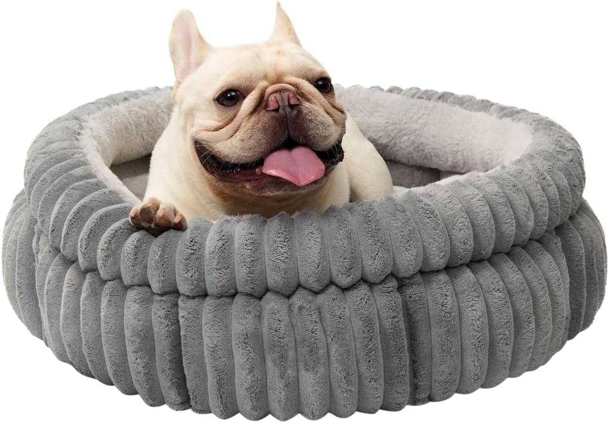 Cat Bed Kitten Bed, Washable round Cat Beds for Indoor Cats, Super Soft Plush Faux Fur Pet Bed for Puppy and Kitten with Anti-Slip Bottom (Grey, 60 X 60 X 20 Cm) image number 2
