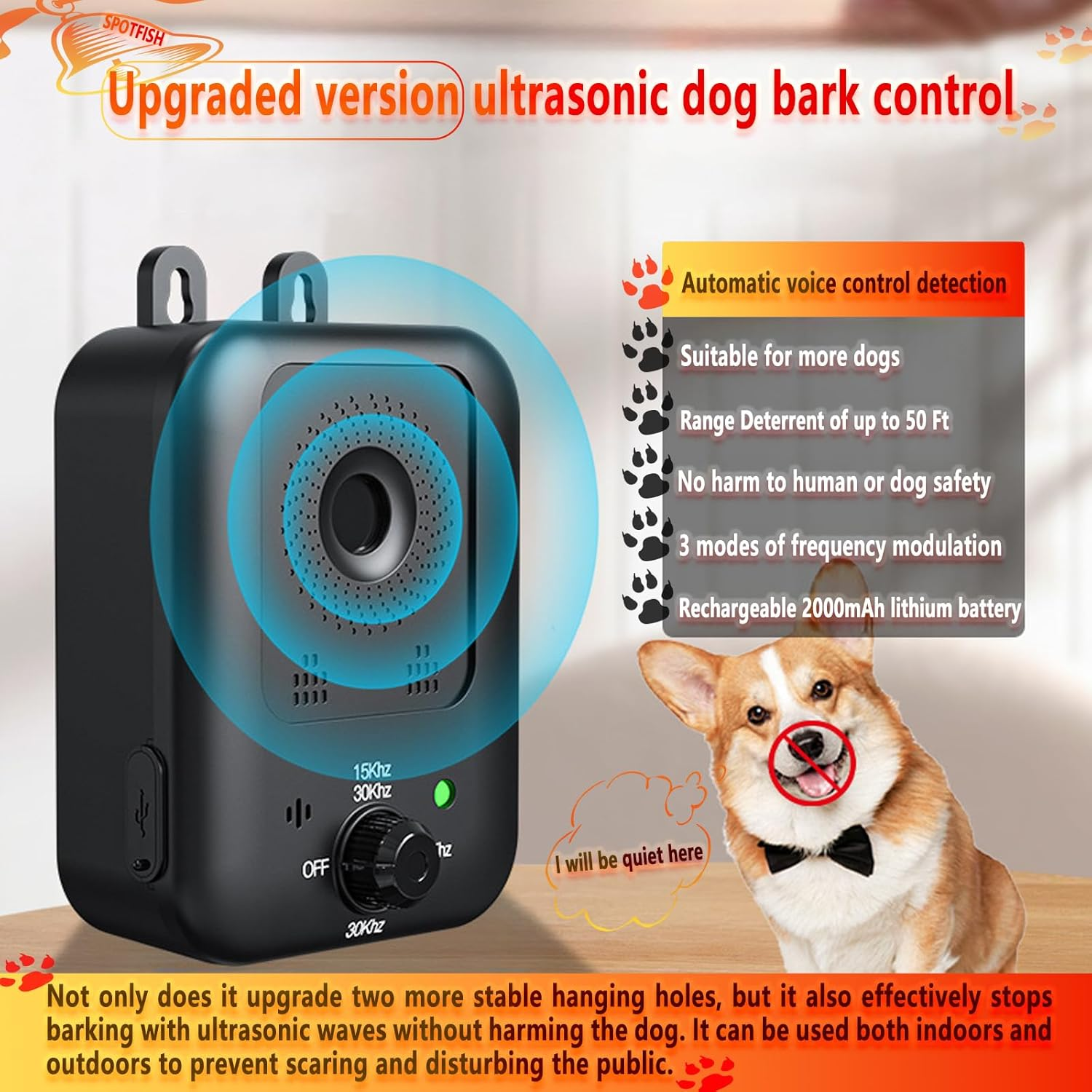 Anti Barking Device for Dogs,Ultrasonic Dog Bark Control Devices,Bark Recognition Silencer,15To30Khz 3 Nodes Range Deterrent of up to 50 Ft,Rechargeable Waterproof,For Indoor and Outdoor(Black2) image number 4