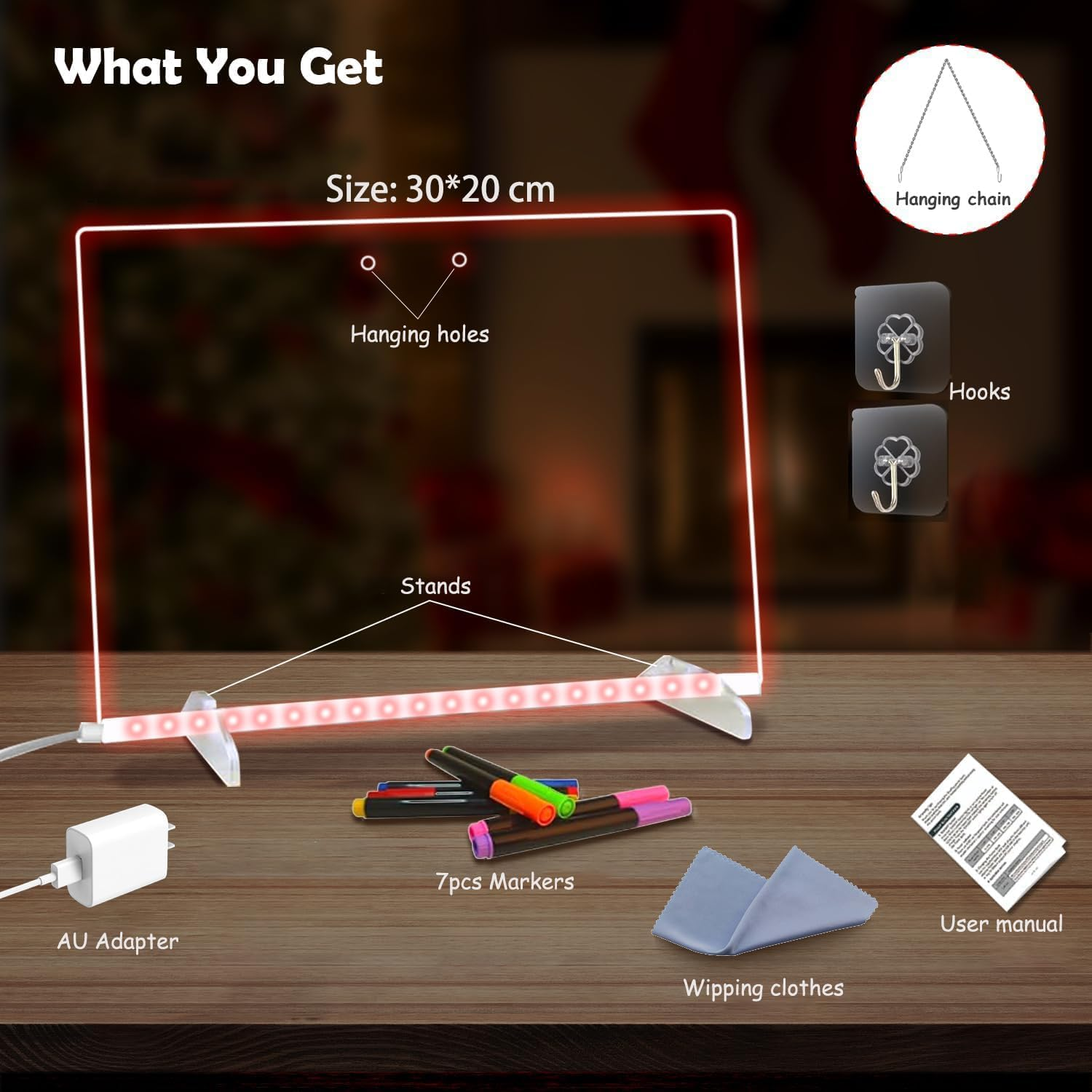 LED Note Board with Colors,30 * 20Cm 4 Modes & 7 Colors Acrylic Dry Erase Board with Light, Include Adapter, Hanging Chain, Led Drawing Board for Kids with Stand image number 1