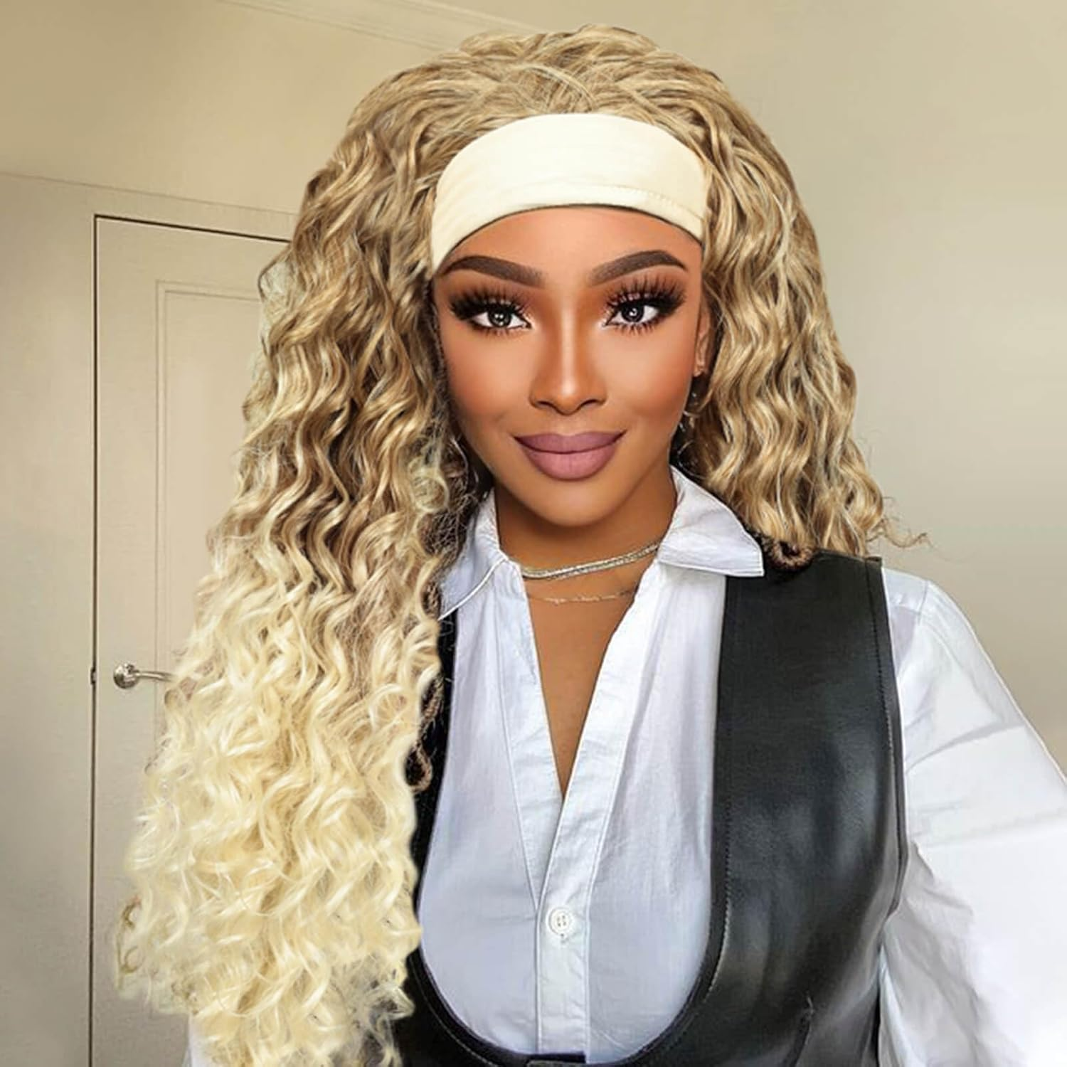 QUEENTAS Headband Wigs for Women Blonde Deep Wave Headband Wig Curly Glueless Hair Wigs Machine Made No Lace Deep Curly Headband Wig