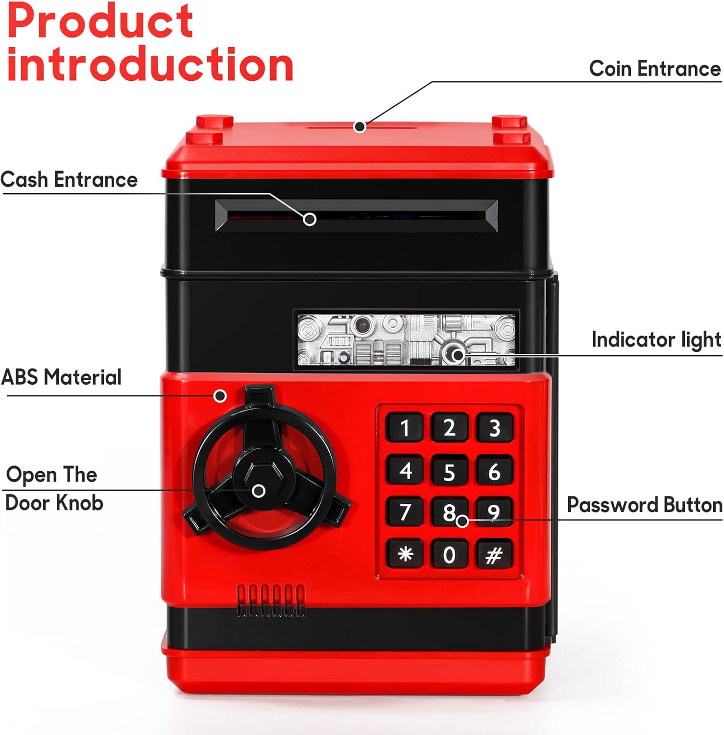 Electronic Piggy Bank for Kids, Money Bank with Password/Cute Mini ATM Piggy Bank Coin Can, Auto Scroll Cash Safe Box, Great and Practical Birthday Gifts for Boys & Girls (Black and Red) - Black image number 3