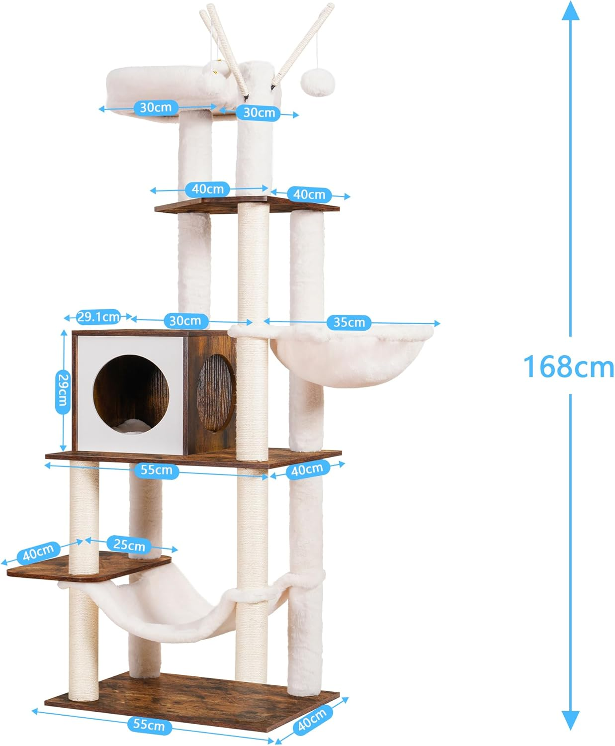 Hey-Brother Wooden Cat Tree, 170 Cm Cat Furniture with Scratching Posts, Modern Cat Tower with Hammocks, Toys, Cat Condo, Rustic Brown MPJ120SR image number 6