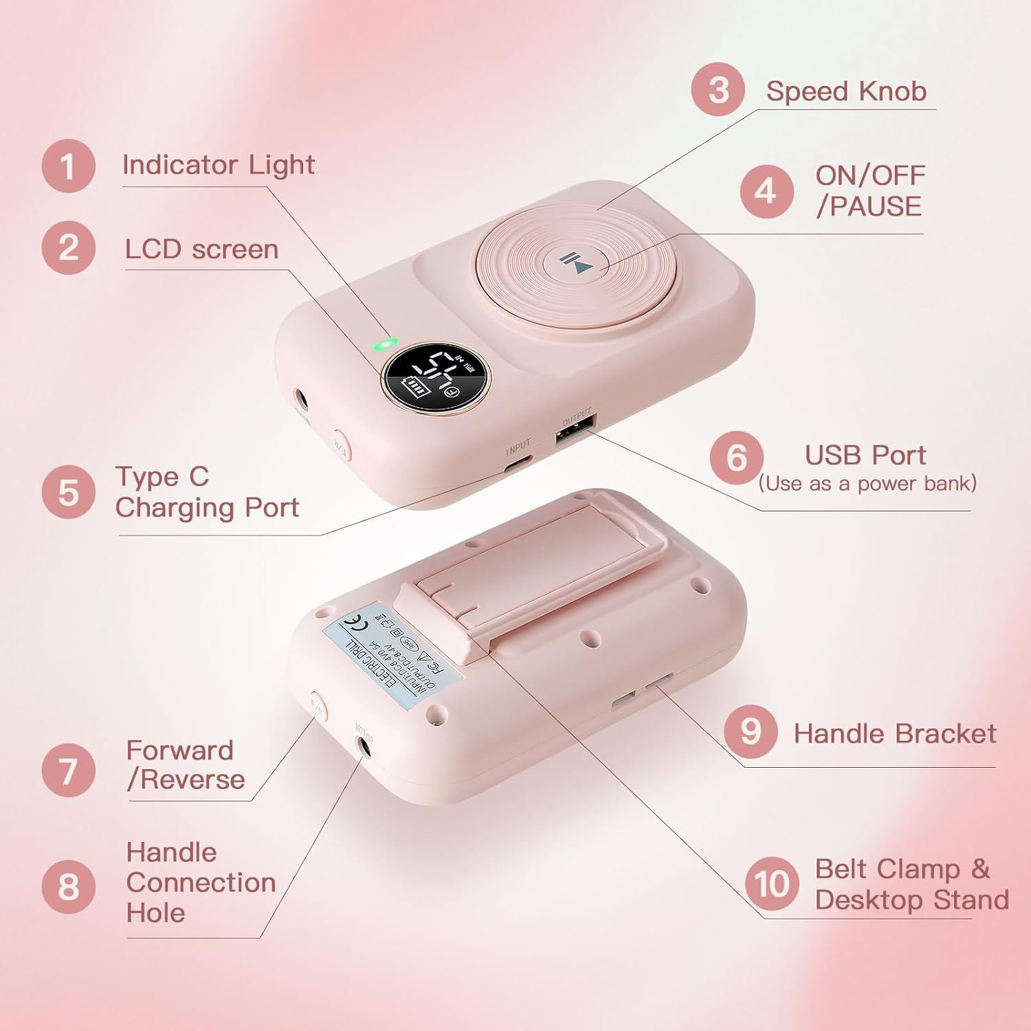 Madenia Professional Nail Drill Machine: 45,000RPM Rechargeable Nails Efile Kit with Low Noise and Low Heat for Manicure & Pedicure in Nail Salon - Perfect for Beginners and Technicians, Pink - Purple image number 2