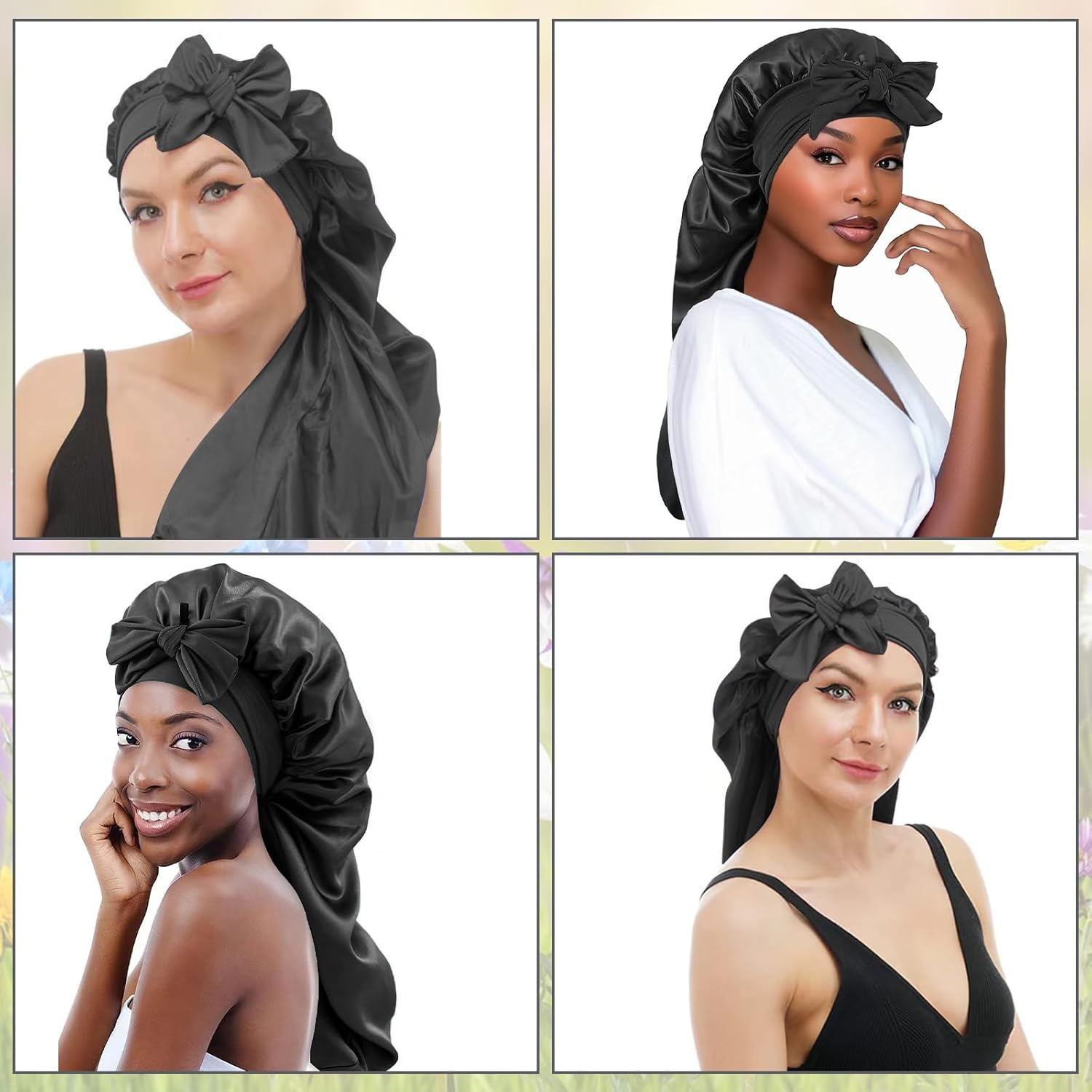 2PCS Satin Silk Hair Bonnet with Tie Band, Large for Braids Sleeping, Adjustable Sleep Cap for Women, Elastic for Long Hair