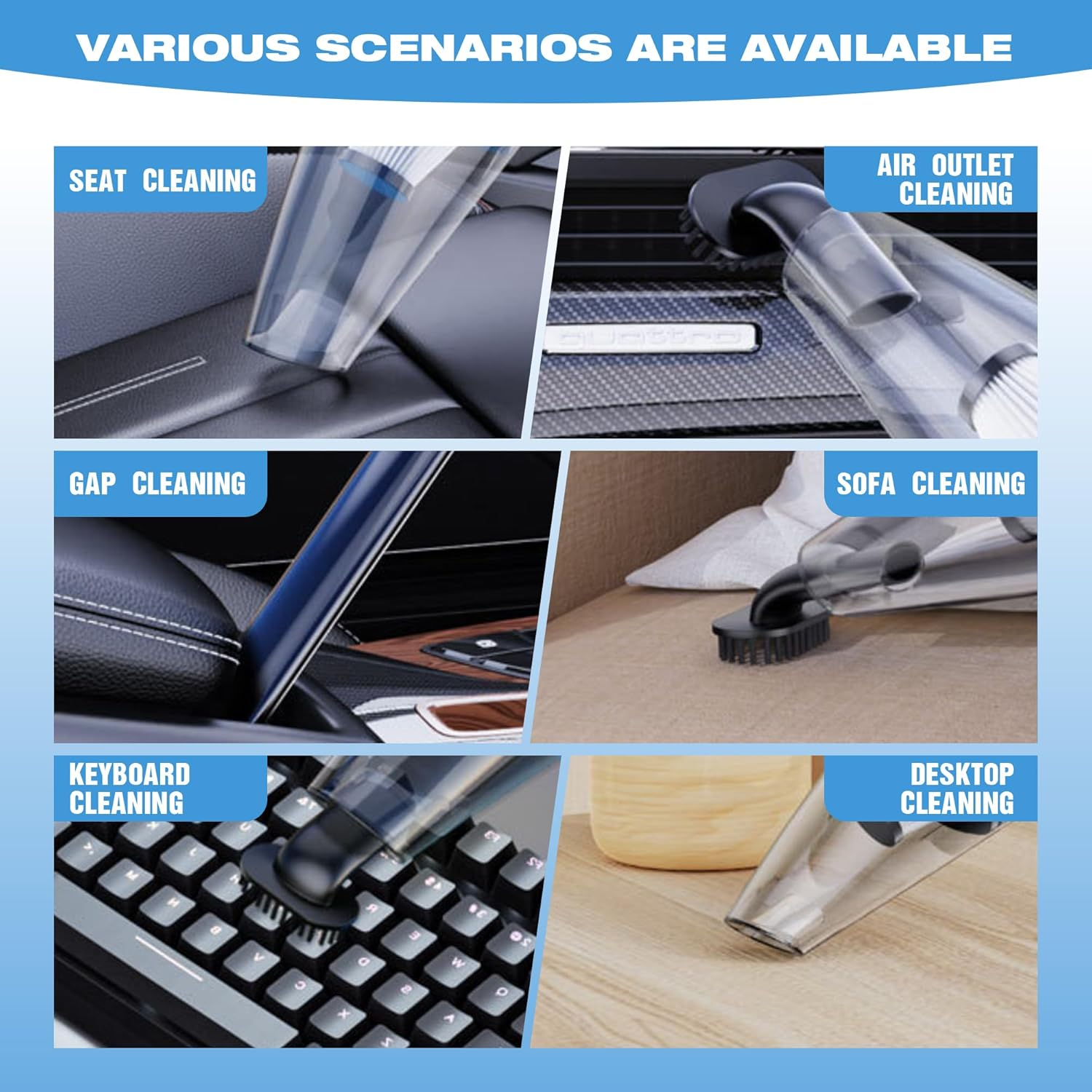 Car Vacuum Cleaner 9-Piece Set, 5000PA Powerful Cordless Vacuum Cleaner, Portable Wet and Dry Handheld Vacuum Cleaner, 120W​​​​ USB Fast Charging, Suitable for Car, Home, Office, Sofa, Pet Hair image number 5