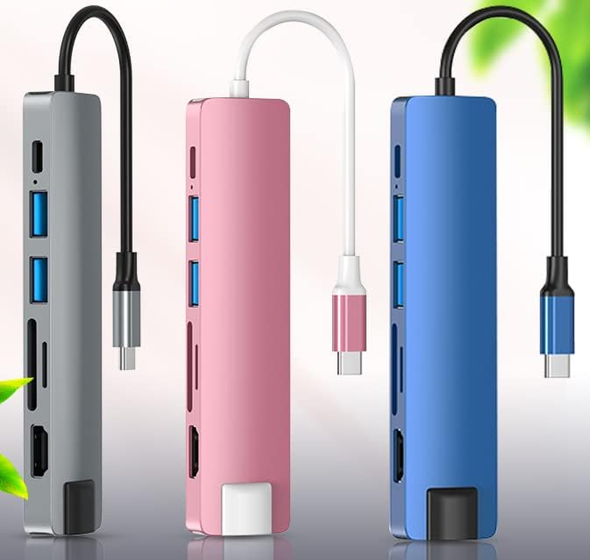 USB C Hub Multiport Adapter, 7-In-1 USB-C Hub with Ethernet,4K HDMI,55W Power Delivery, SD/TF Card Slots, USB 3.0 Data Ports, for Macbook Pro, Macbook Air, Ipad Pro, Switch PS4 (Pink)