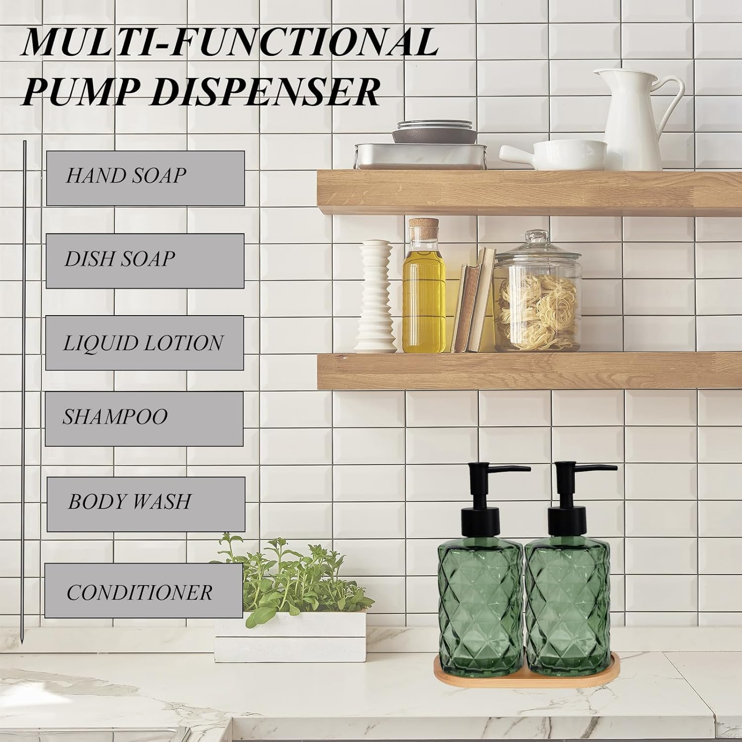 Glass Hand and Dish Soap Dispenser Set of 2 with Plastic Pumps, Bamboo Tray, 12Oz Green Bathroom Soap Dispenser with Diamond for Hand Wash & Dish Wash, Ideal for Bathroom Kitchen Countertop - Green Diamond image number 2