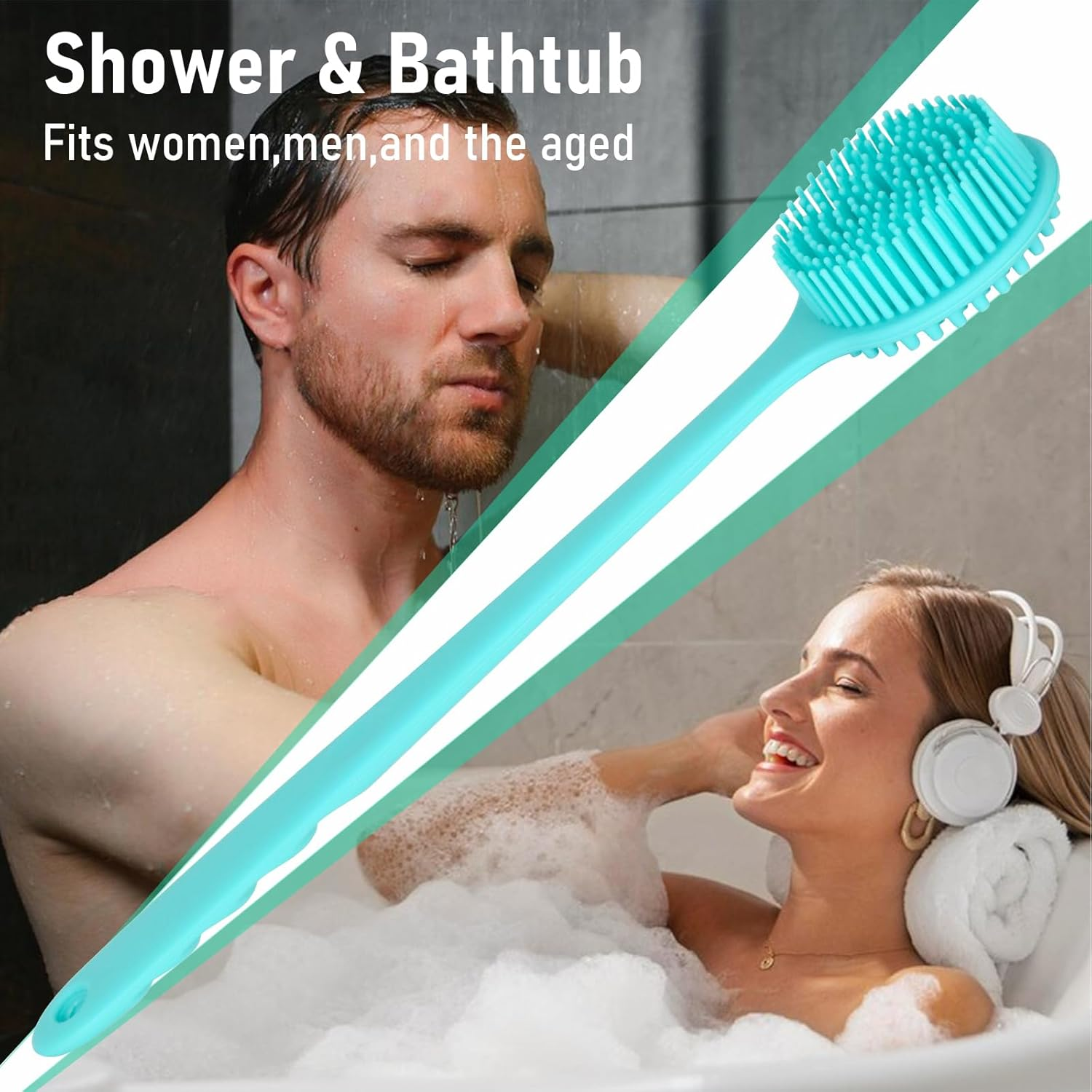 Silicone Back Scrubber for Shower Bath Body Brush with Long Handle Double Sided Exfoliating Shower Brush with a Hook and a Lanyard - Black image number 5