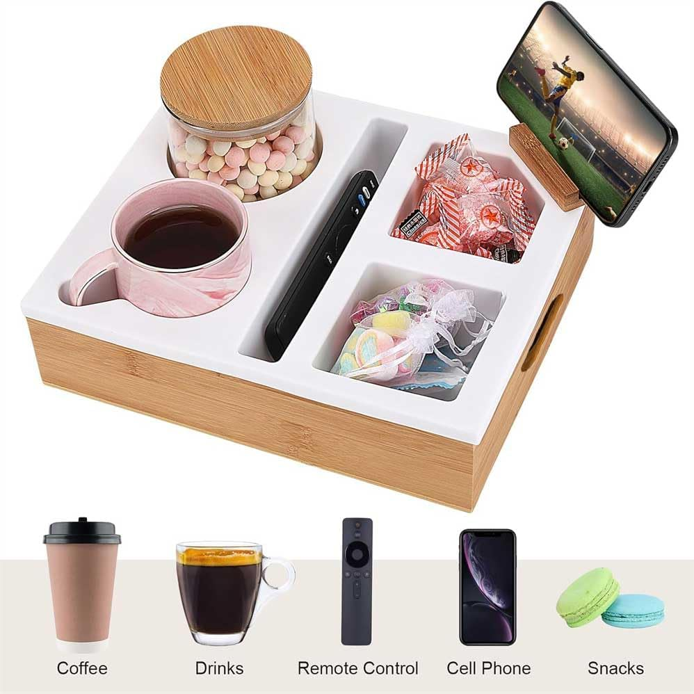 Couch Cup Holder Tray,Bamboo Couch Cup Holder with Soft Silicone, Sofa Storage Tray with Removable Phone Stand,Waterproof Anti-Spill Sofa Cup Holder,Sofa Cup Holder Suitable for Snacks, Drinks. image number 2