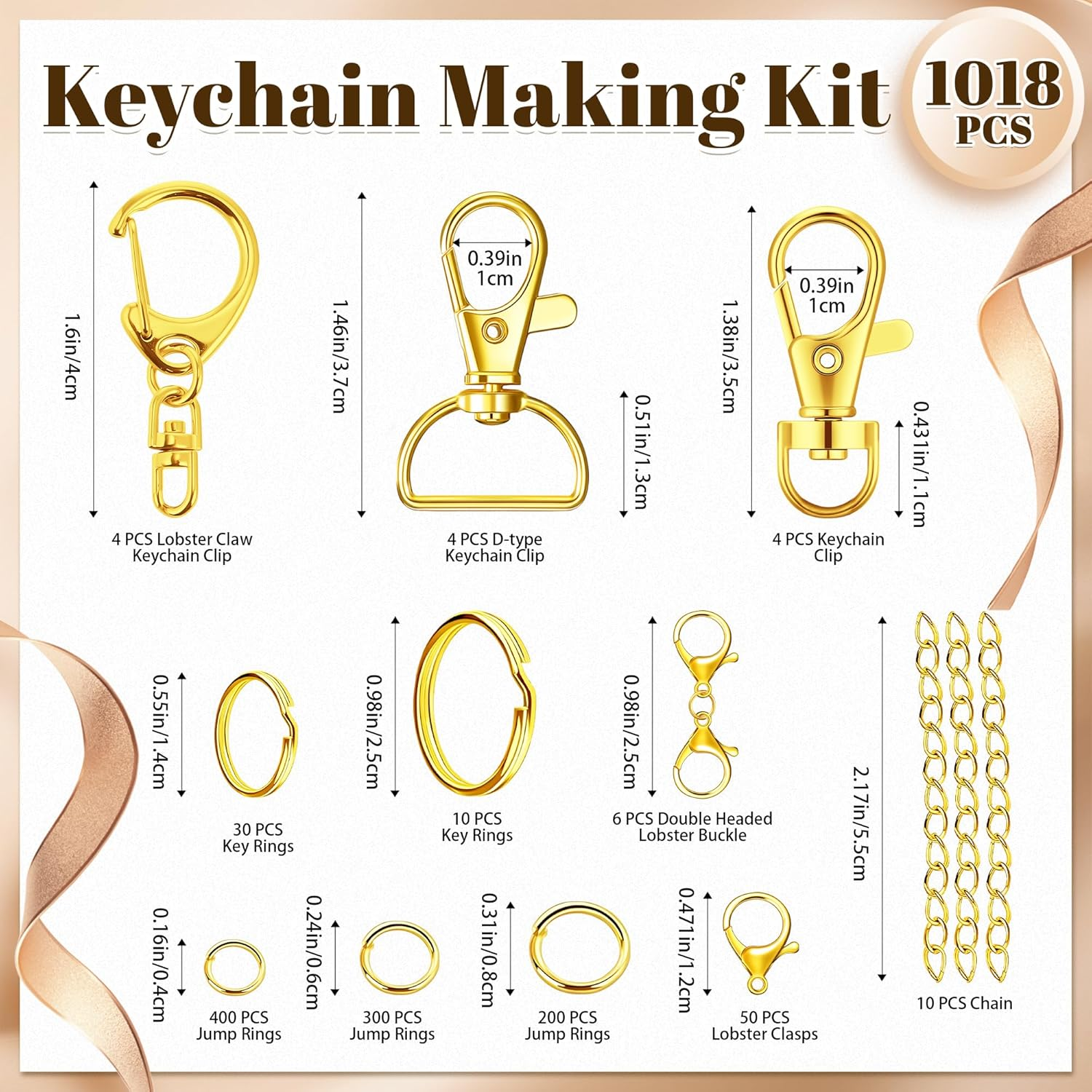 Measyth 1018PCS Keychain Making Kit Including Lobster Claw D-Type Keychain Clip, Extender Chain, Lobster Clasps, Key Rings and Jump Rings for Jewelry Bracelet Making Supplies image number 2