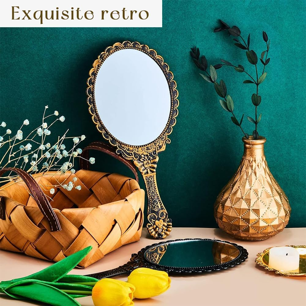 2 Pack Vintage Handheld Mirrors,Portable Held Decorative Mirrors,With Handle,Embossed Flower,Oval Shaped,Small Makeup Mirror,For Makeup,Hair Styling,Skin Care