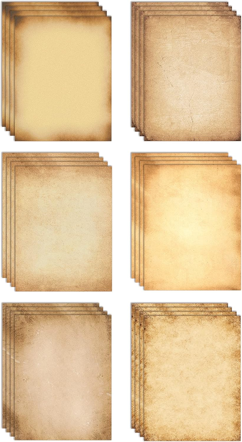 Better Office Products Stationery Paper, 100 Sheets, Aged Look Vintage Antique Old Fashion Parchment Paper, Letter Size 8.5 X 11 Inch, Double Sided Printing Paper, By, 6 Designs, 100 Pack
