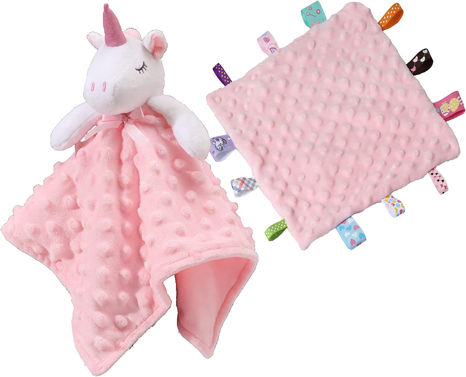 CREVENT Cozy Plush Baby Security Blanket Loveys for Baby Girls, Minky Dot Front + Sherpa Backing with Animal Face (Pink Unicorn + Tag) image number 1