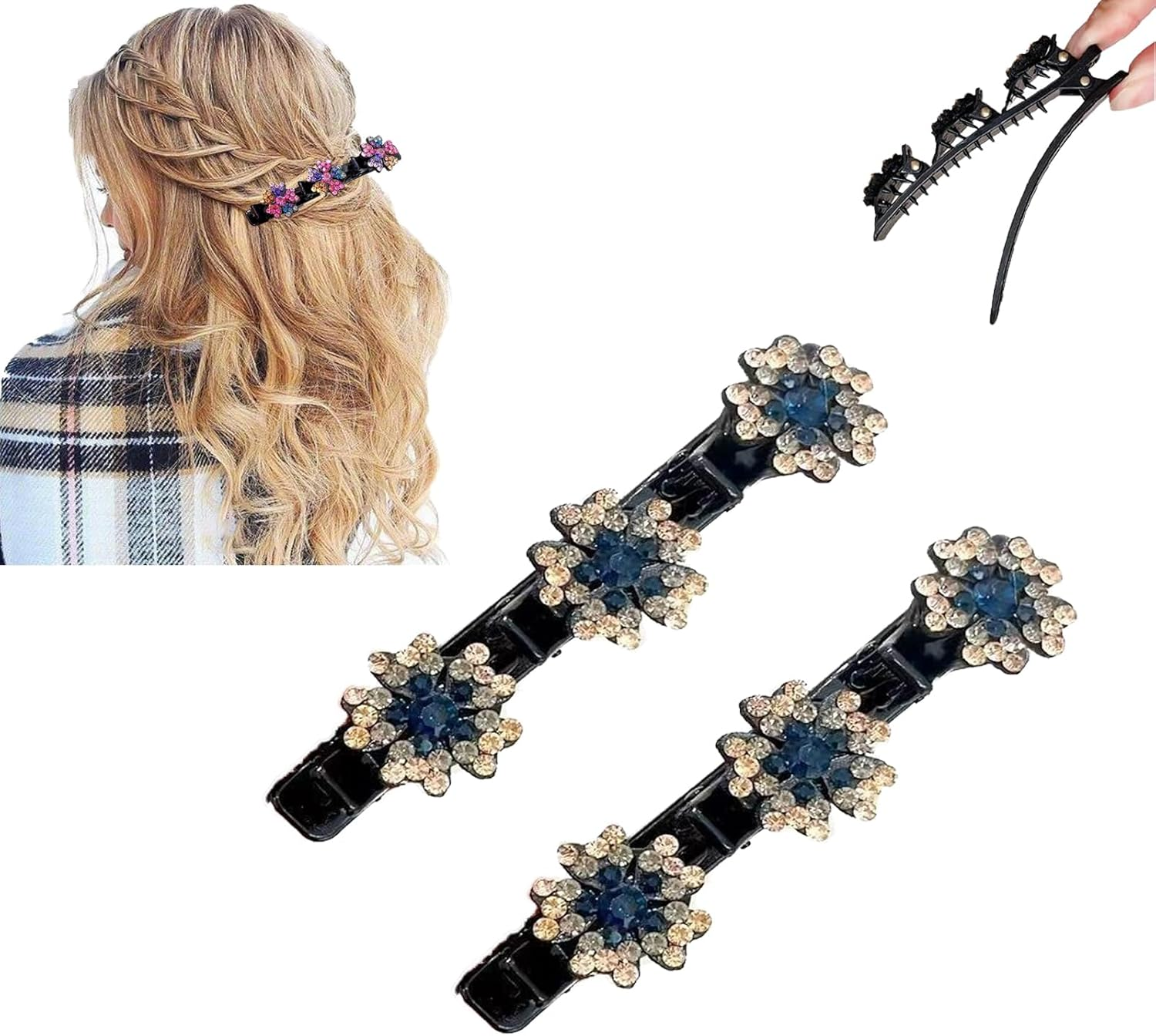 Sparkling Crystal Stone Braided Hair Clips, 2024 New Women'S Shiny Rhinestone Duckbill Clips for Ladies and Girls(2Pcs) (Grey-Blue) image number 5