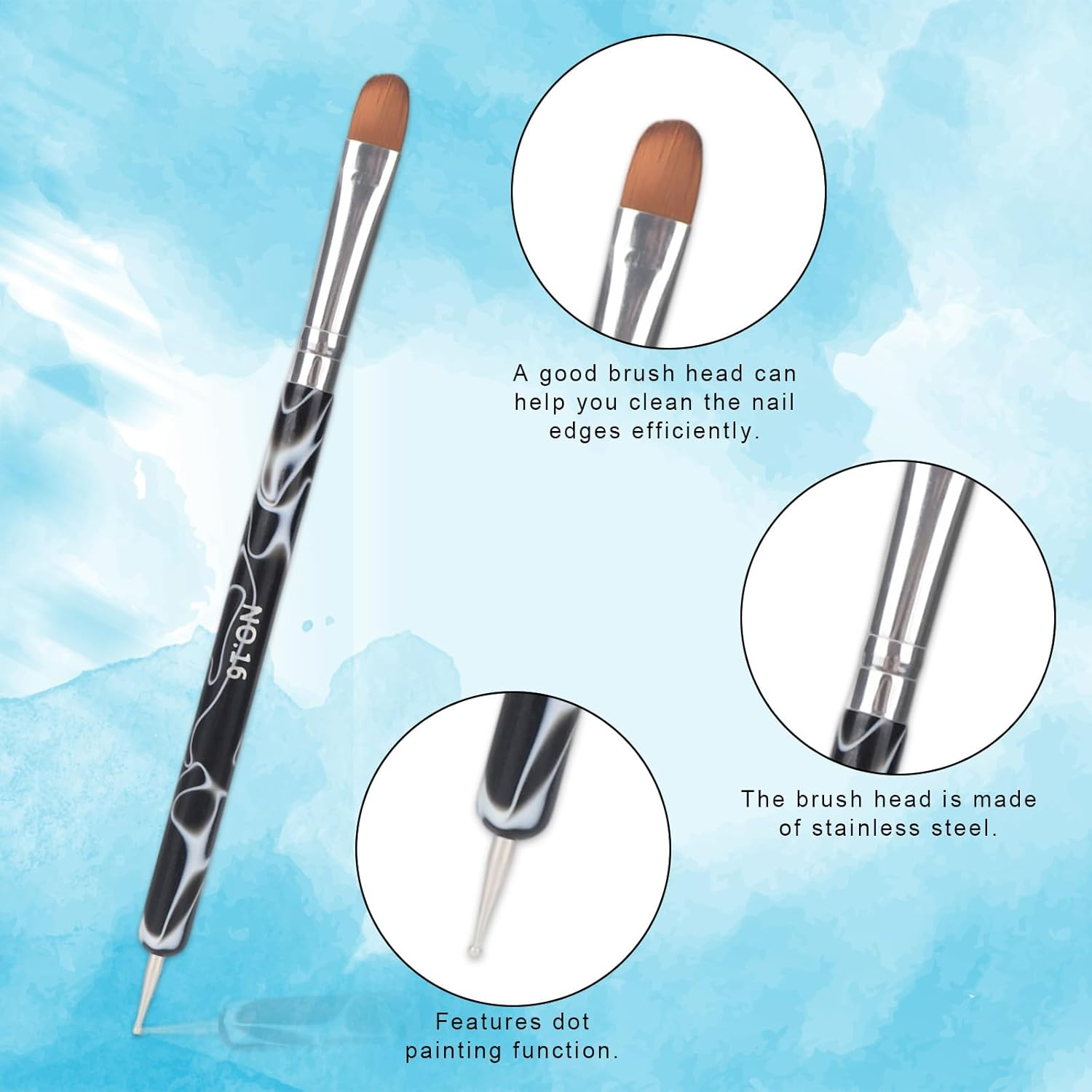 8Pcs French Nail Brushes with Dotting Tool, Dual Ended Gel Acrylic Manicure Brushes for Detailed Clean up Nail Designs (10# 12# 14# 16#, Black and White) image number 5