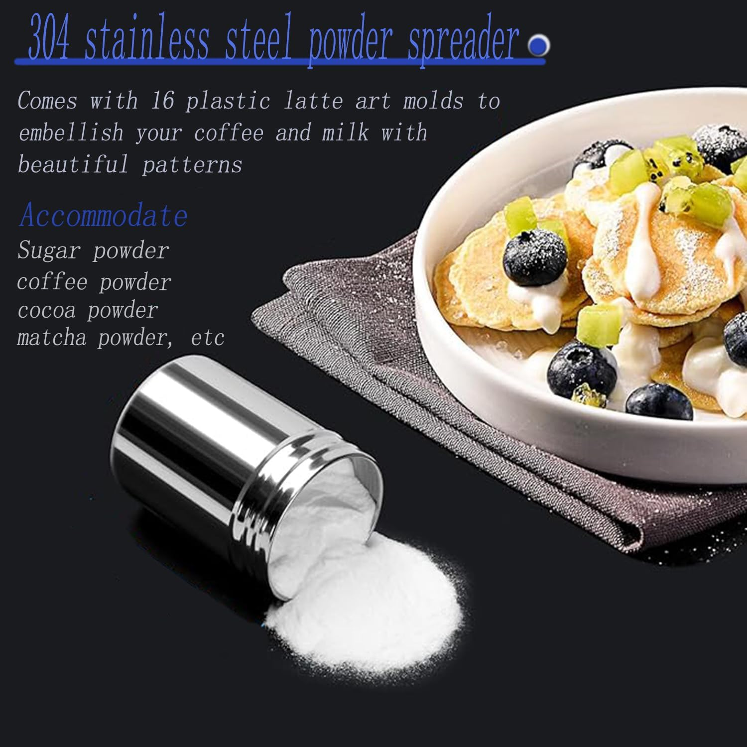 1 Powdered Sugar Shaker with Lid, Stainless Steel Fine Mesh Shaker, Powder Jar Salt Coffee Cocoa Powder, with Printing Mold Template image number 3