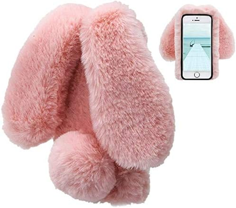 LCHDA Rabbit Case for Iphone SE 2Nd Generation/Iphone 8/Iphone 7(4.7"), Bunny Ear Case for Girls Fuzzy Cute Warm Winter Soft Furry Fluffy Fur Hair Plush Protective TPU Bumper Skin Cover - Pink