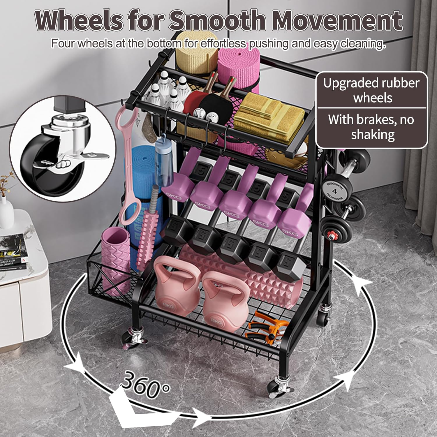 KAIGITE Dumbbell Rack, Home Gym Storage, Weight Rack for Dumbbells, Yoga Mat Rack with Wheel Hooks, Workout Equipment Storage for Dumbbells Kettlebells Foam Rollers - Dumbbell Rack image number 6