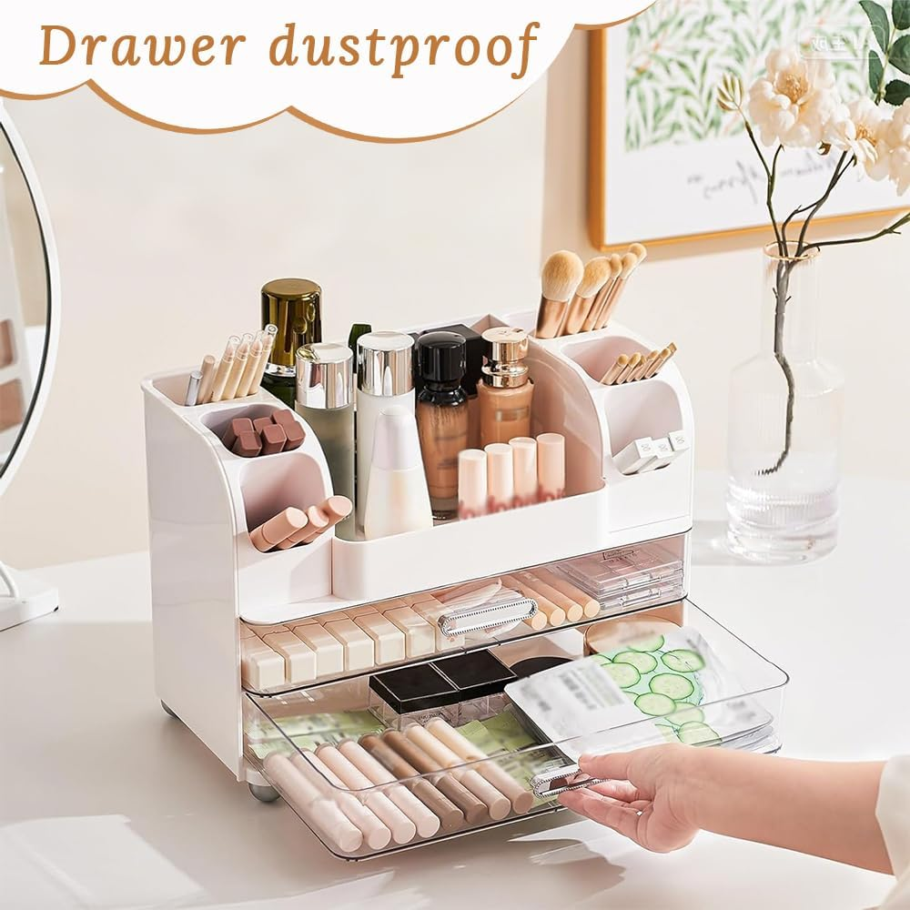 Dressing Table Cosmetic Storage Box with Two Large Drawers for Lotions, Lipsticks, Perfumes, Etc. Suitable for Bathroom, Makeup Table, Office, Bedroom (White) image number 4