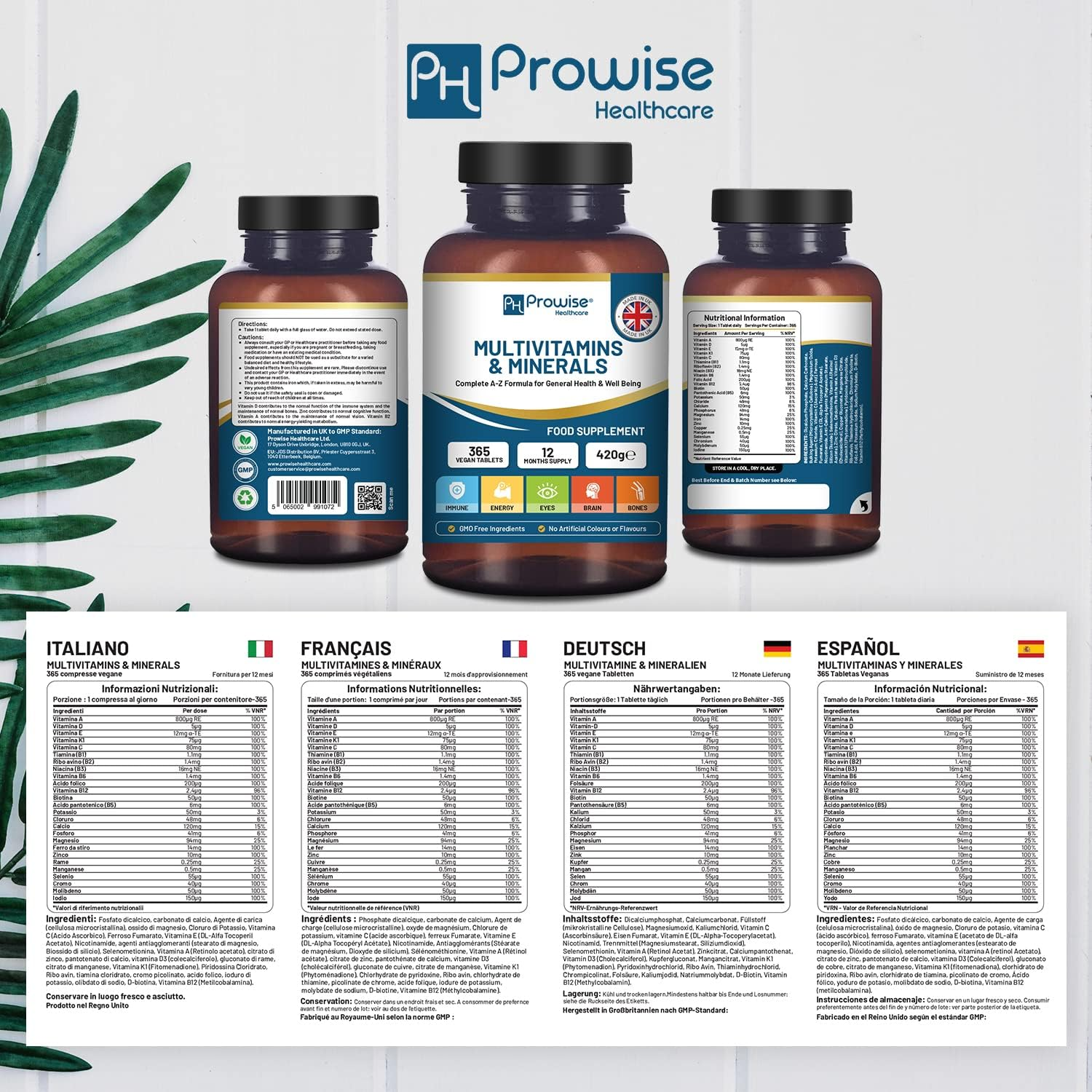 A-Z Multivitamins & Minerals I 365 Vegan Tablets (1 Year Supply) I 26 Essential Active Vitamins, Minerals & Micronutrients for Men and Women I Made in the UK by Prowise Healthcare image number 3