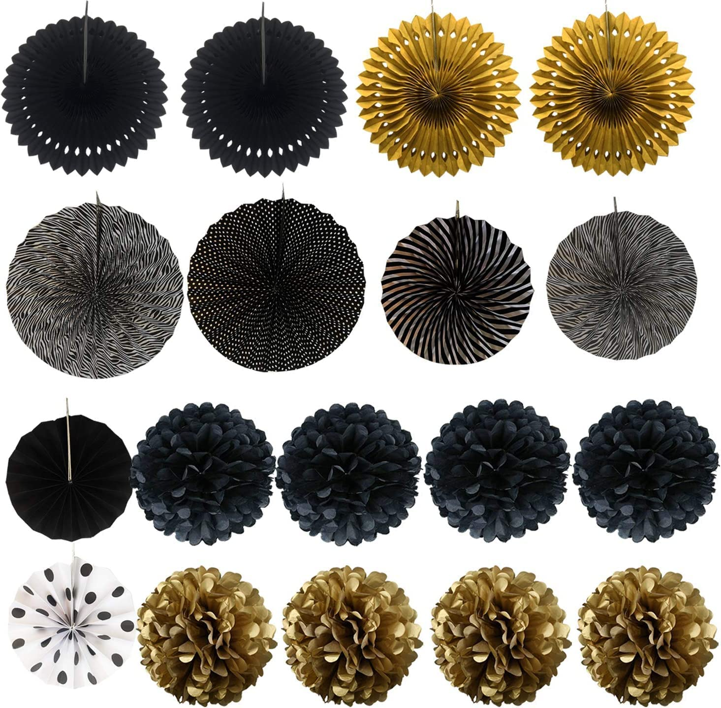Party Decoration, 21 Pcs Black and Gold Hanging Paper Fans, Pom Poms Flowers, Garlands String Polka Dot and Triangle Bunting Flags for Birthday Parties Wedding D&eacute;cor, Table & Wall Decorations image number 1