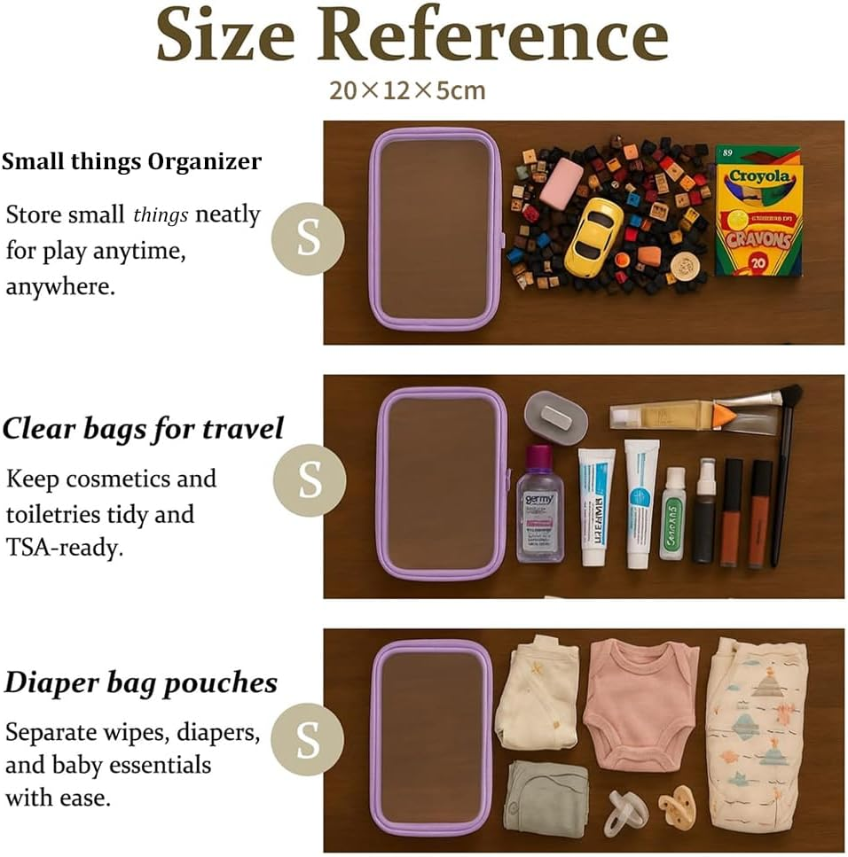 3 Pack Portable Waterproof Cosmetic Bag with Zipper, Small Medium Large Portable Travel Makeup Bag Organizer Bin, Clear Hard Shell Zipper Case for Cosmetic Storage, Putting Snacks(Purple) image number 2