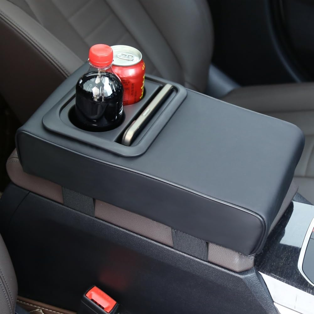 Raksonic Car Center Console Cover Drink Holder Multifunctional Storage Leather Car Armrest Cover Waterproof and Wear Resistant Memory Foam Suitable for Most Cars Black