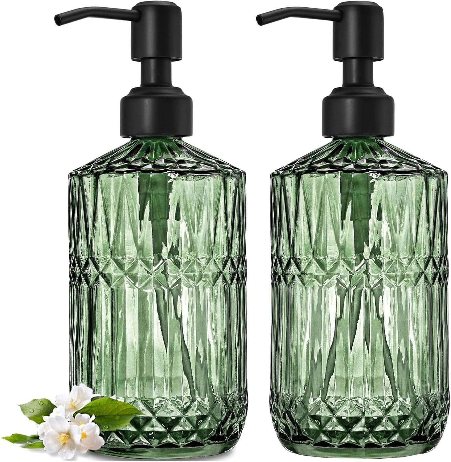Glass Soap Dispenser 2-Pack (350ML Each) - Green with Black Stainless Steel Pump, Refillable Kitchen & Bathroom Dispensers for Dish Soap, Hand Soap, Lotion Cottagecore Style