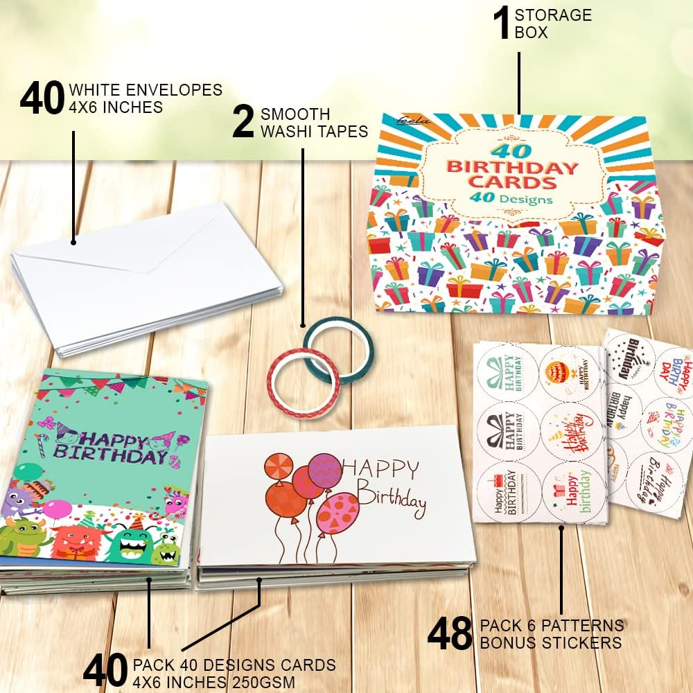 Feela 40 Pack Happy Birthday Cards, 40 Designs Birthday Cards Multipack with 40 Blank Envelopes, 48 Pieces of Stickers 2 Washi Tapes, 10X15Cm Blank Greeting Cards for Women, Men, Friends and Kids image number 5