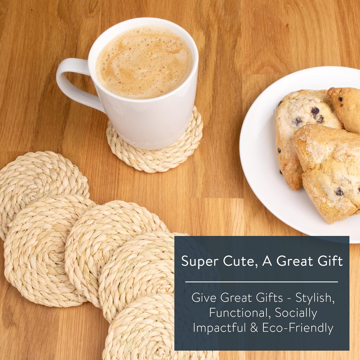 KAZI Essentials Boho Coasters for Drinks - Set of 6, Natural Wicker Raffia Woven Coasters, Eco-Friendly Handmade by African Artisans, Housewarming Gift, Coastal, Cottage D&eacute;cor (Natural Raffia) image number 5