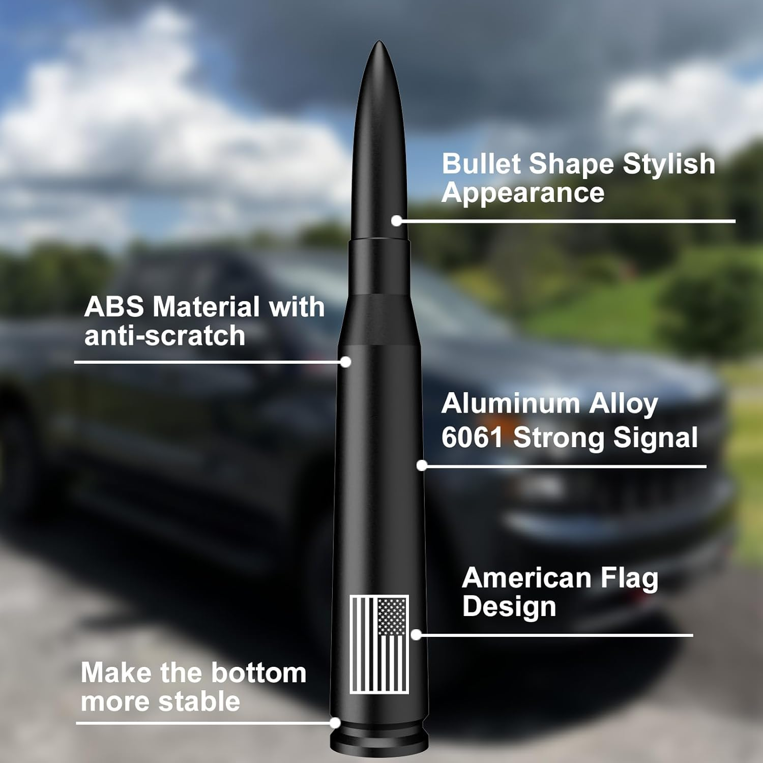 50 Cal Bullet Antenna Replacement for Ford F150 F250 F350 Super Duty Ford Raptor Bronco, & Dodge Ram & Chevy Silverado & GMC Sierra 1500 2500 3500 Trucks 1990 - Current, Car Accessories (Matte Black) image number 2