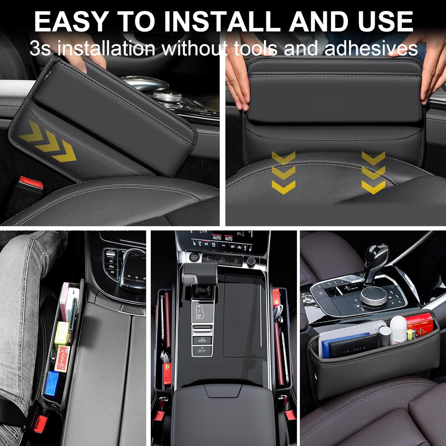 Car Seat Gap Filler, 2 Pack Multifunctional Car Seat Organizer, Leather Console Side Storage Box with Cup Holders, Universal Car Front Seats Crevice Holder for Phone, Wallet, Cards, Keys (Style 1) image number 3