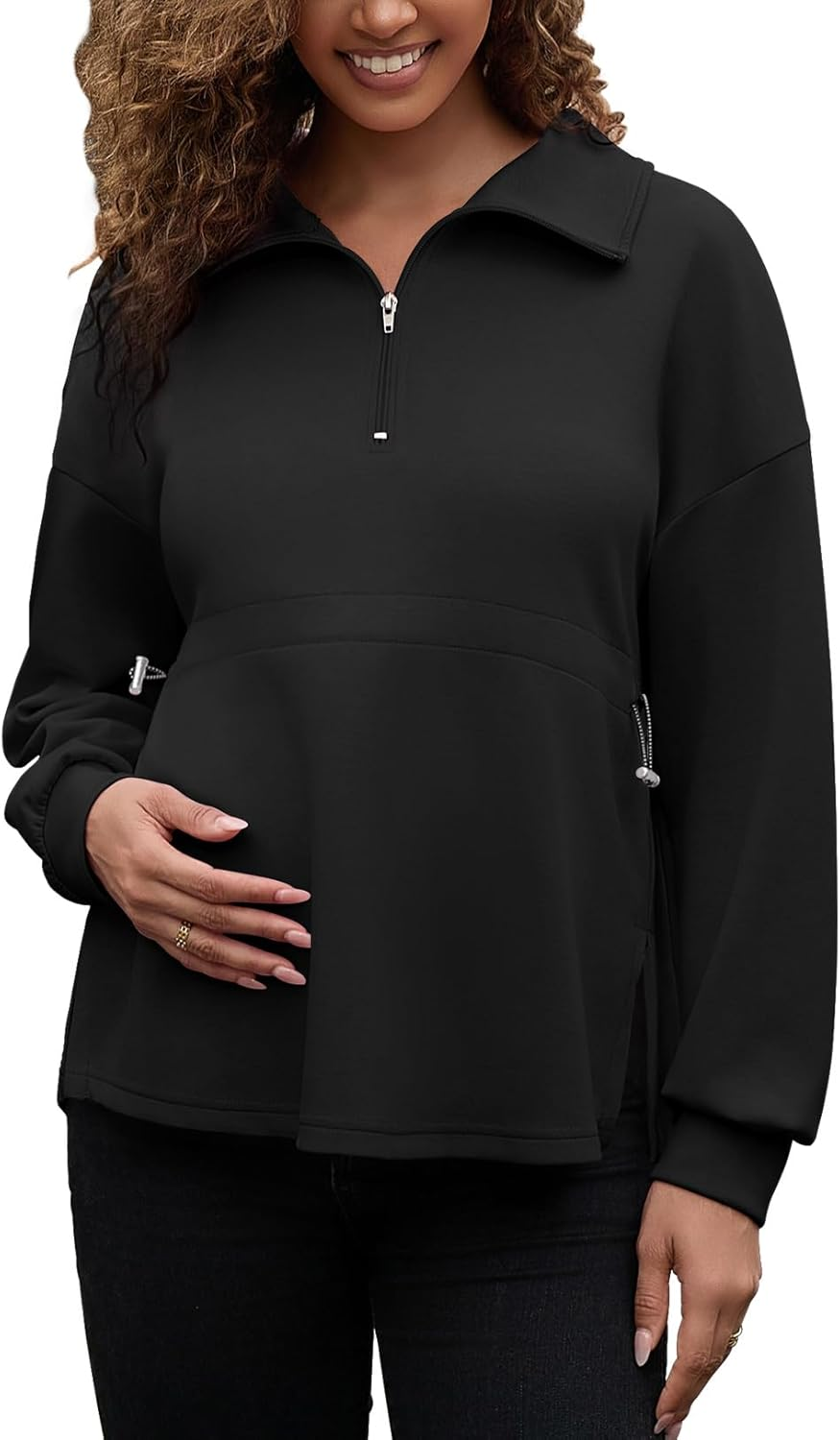 Bhome Women'S Maternity Sweatshirts Half Zip Drawstring Waist Long Sleeve Side Slits Loose Fit Pullover Tops